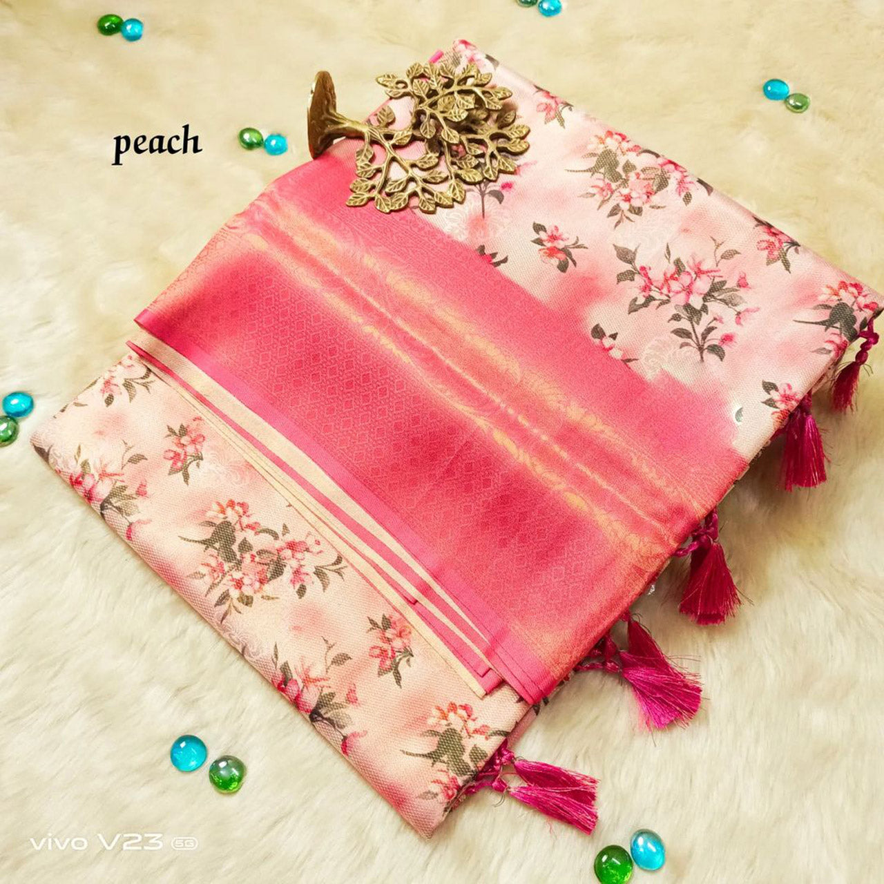 Simple And Pretty Peach Saree Daily Use Digital Print On Soft Silk