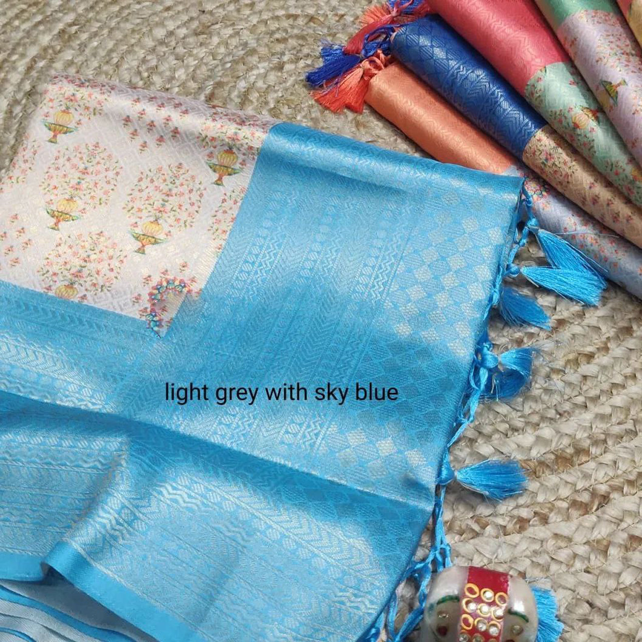 Light Grey Soft Silk Daily Wear Saree Digital Print With Festive Blouse