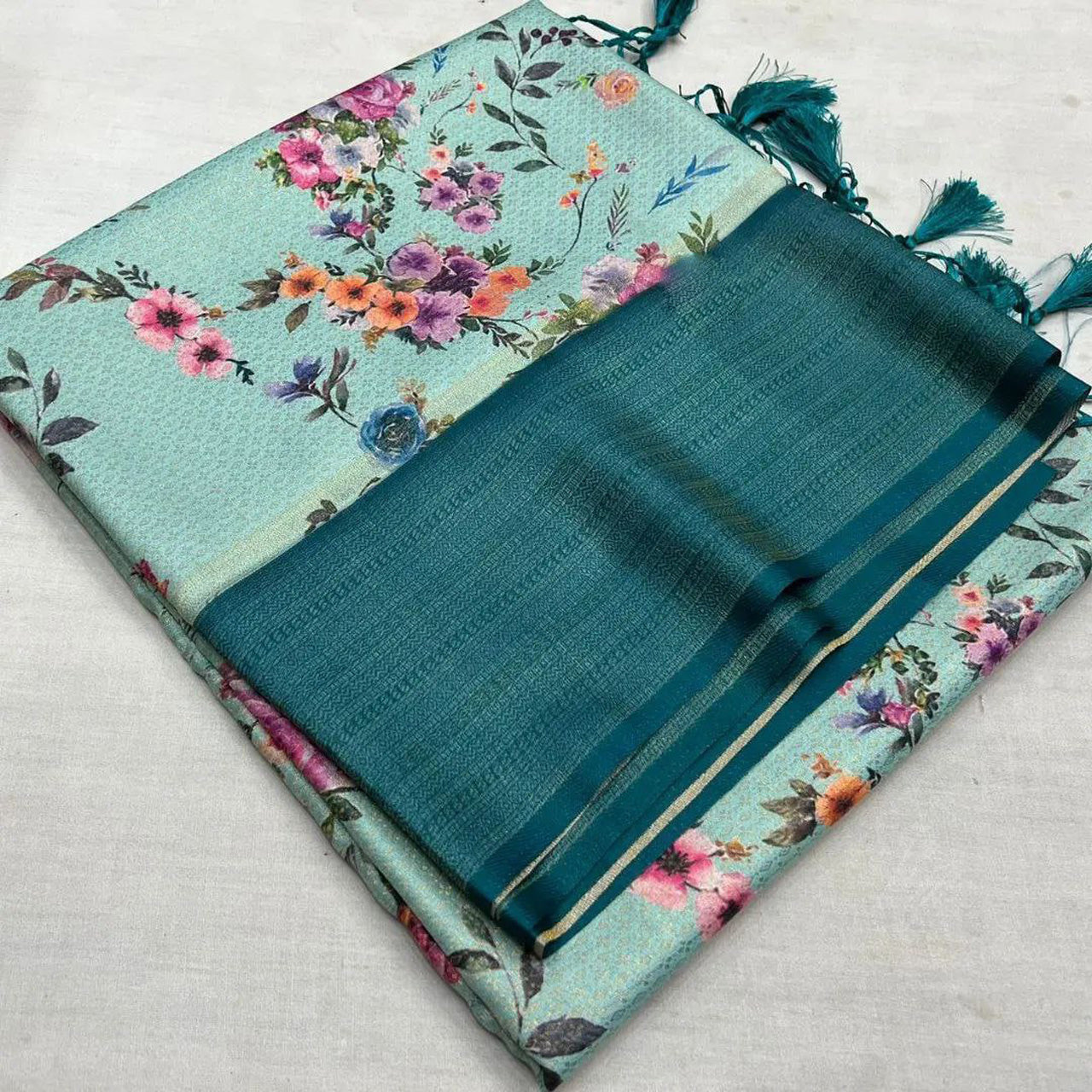 Soft Feel Sea Green Silk Saree Digital Printed With Light Blouse Fabric