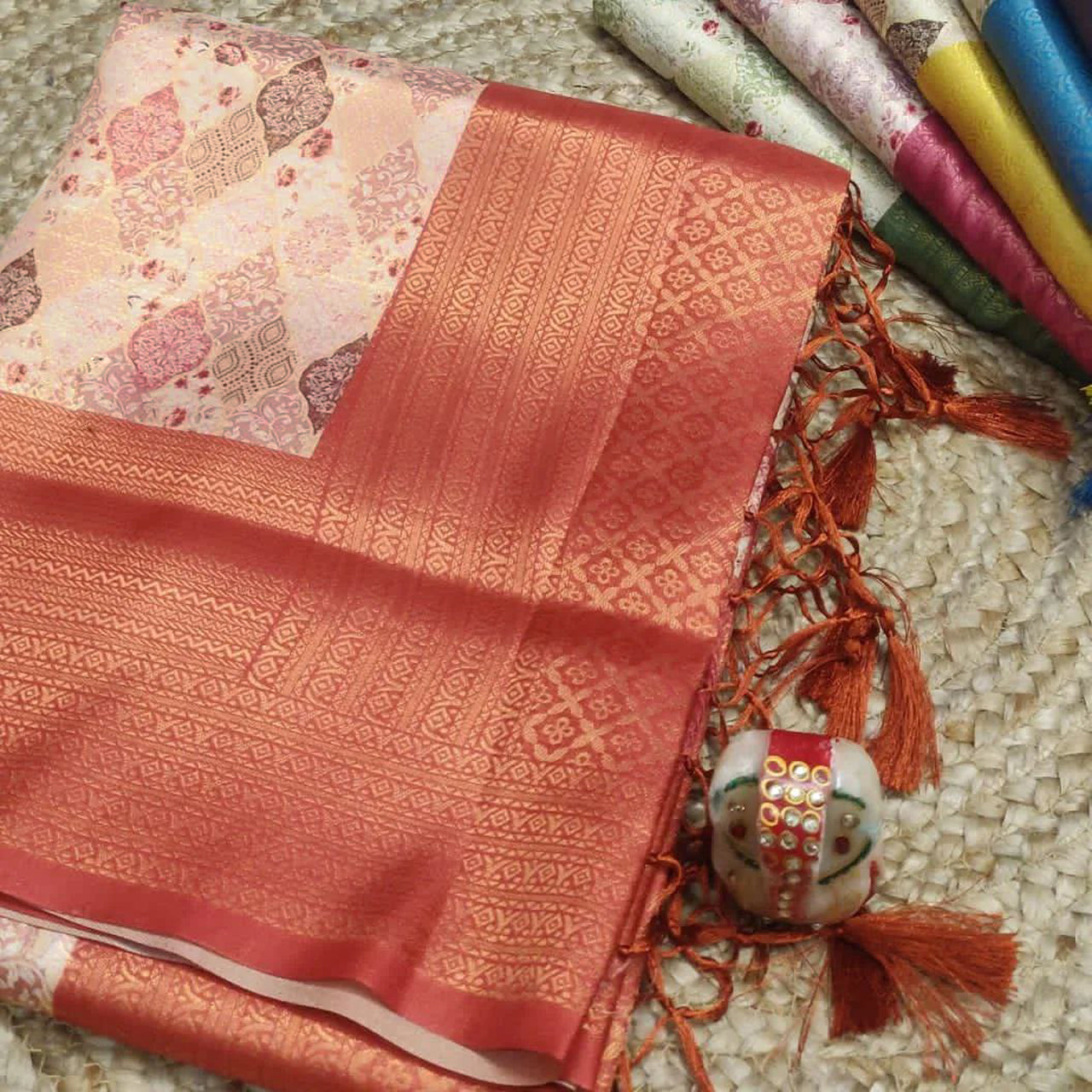 Pretty Everyday Saree Peach Soft Silk Digital Print With Fancy Blouse Piece