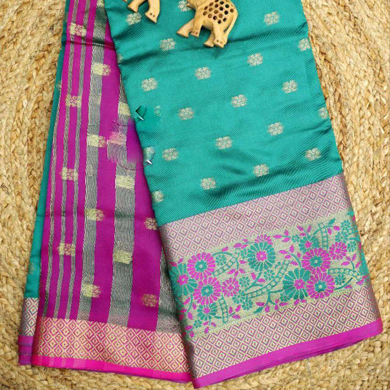 Sangeet Special Saree Cyan Korvai Silk With Decorative Weaving Work