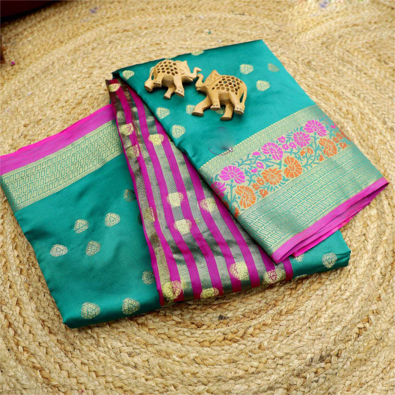 Rich Teal Korvai Silk Saree Handwoven Designer Weaving For Party And Festive Look