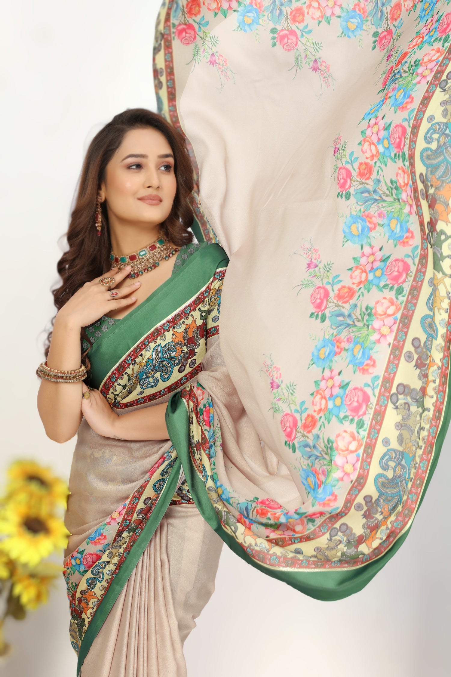 Lustrous Cream Heritage Printed Saree