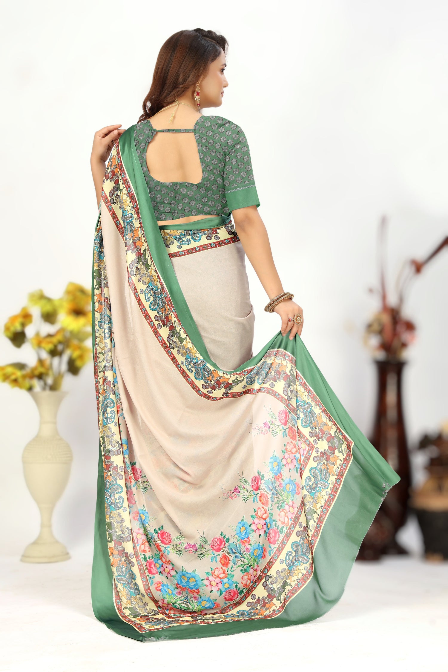 Majestic Cream Printed Sangeet Wear Saree