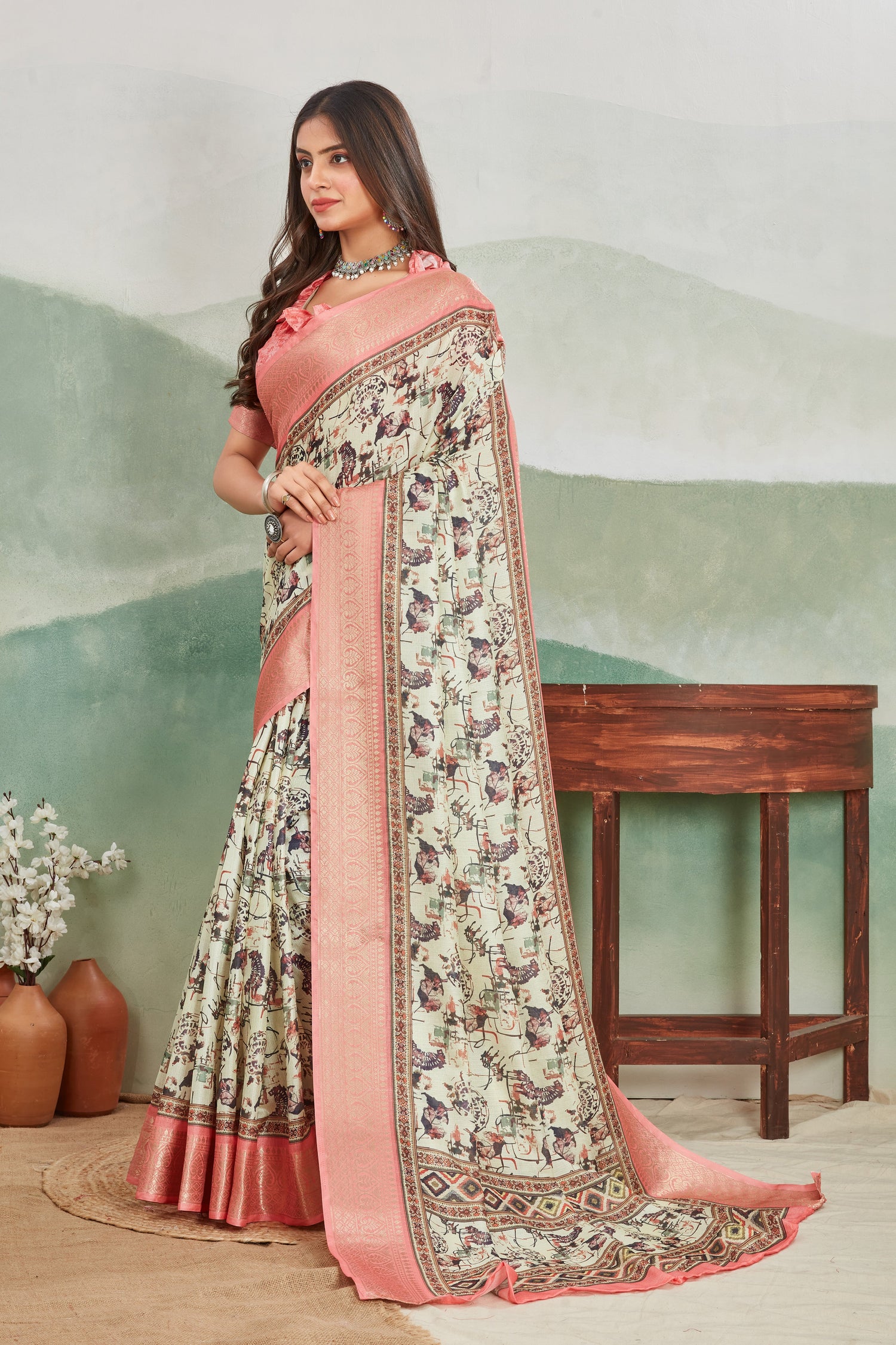 Contemporary Batik Printed Saree In Viscose Khadi