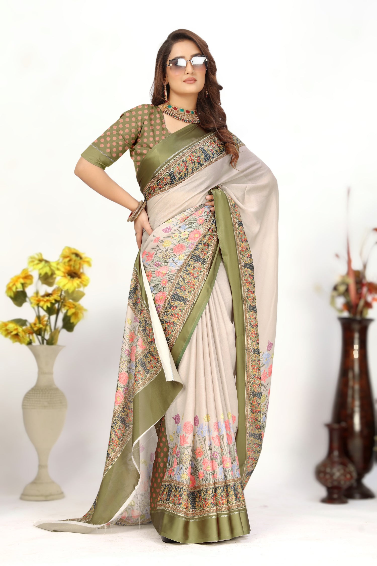 Festive Wear Elegance Printed Saree In Beige Color