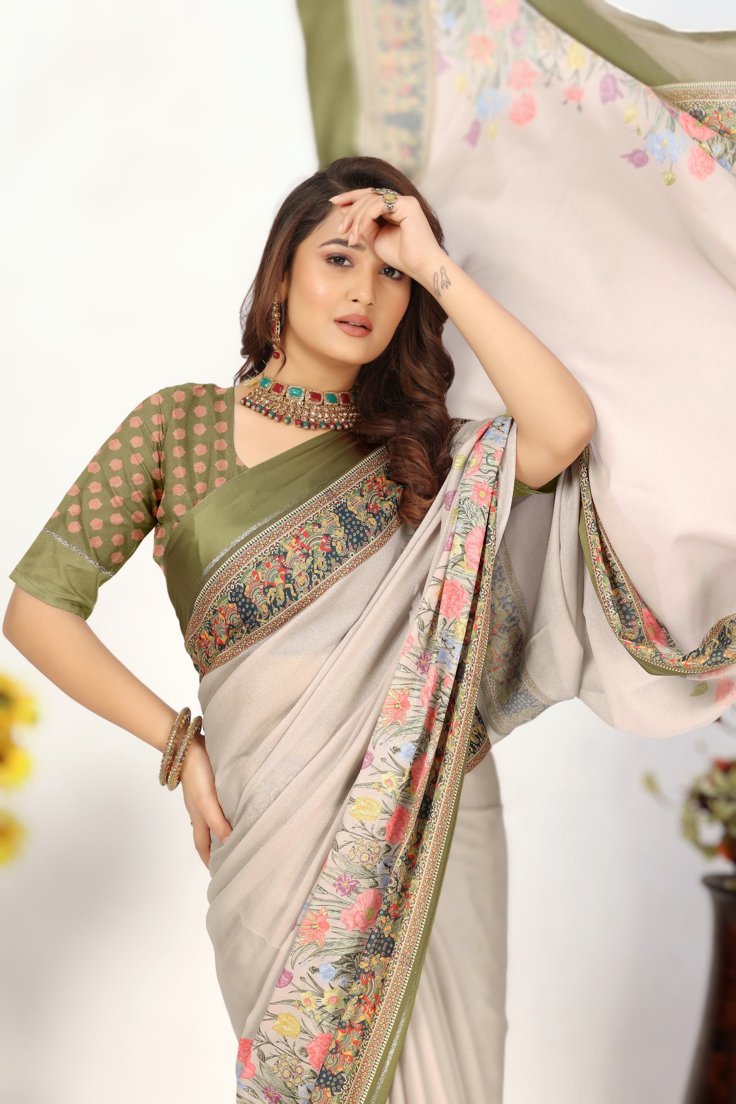Festive Wear Elegance Printed Saree In Beige Color