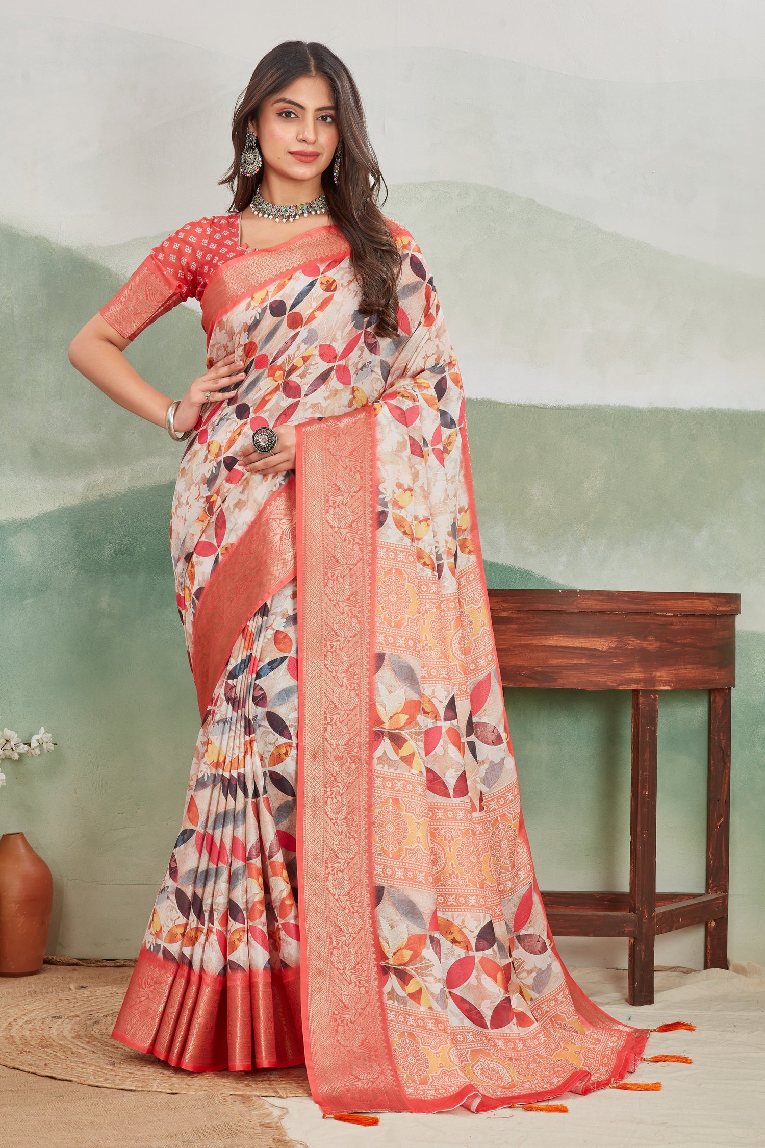 Festive Wear Batik Digital Printed Viscose Khadi Saree