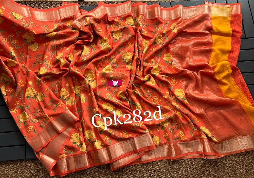 Vibrant Orange Casual Wear Soft Silk Saree With Zari Edging And Modern Digital Prints