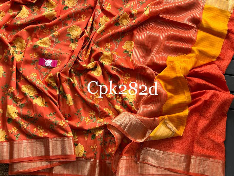 Vibrant Orange Casual Wear Soft Silk Saree With Zari Edging And Modern Digital Prints