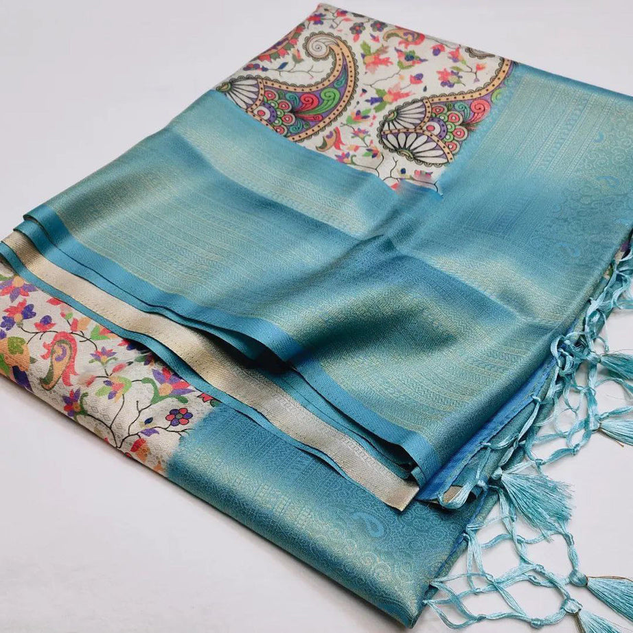 Sky Blue Color Digital Print Brilliant Soft Silk Saree