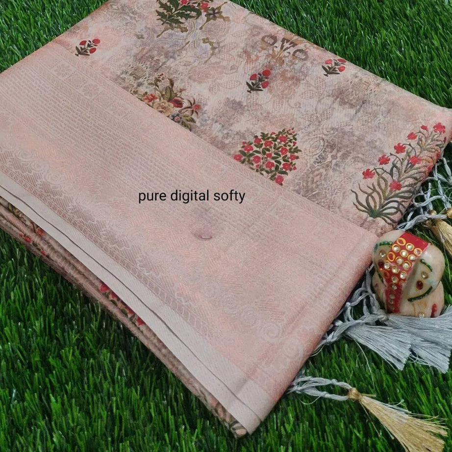 Soft Silk Fabric Party Style Light Pink Color Tempting Digital Print Saree