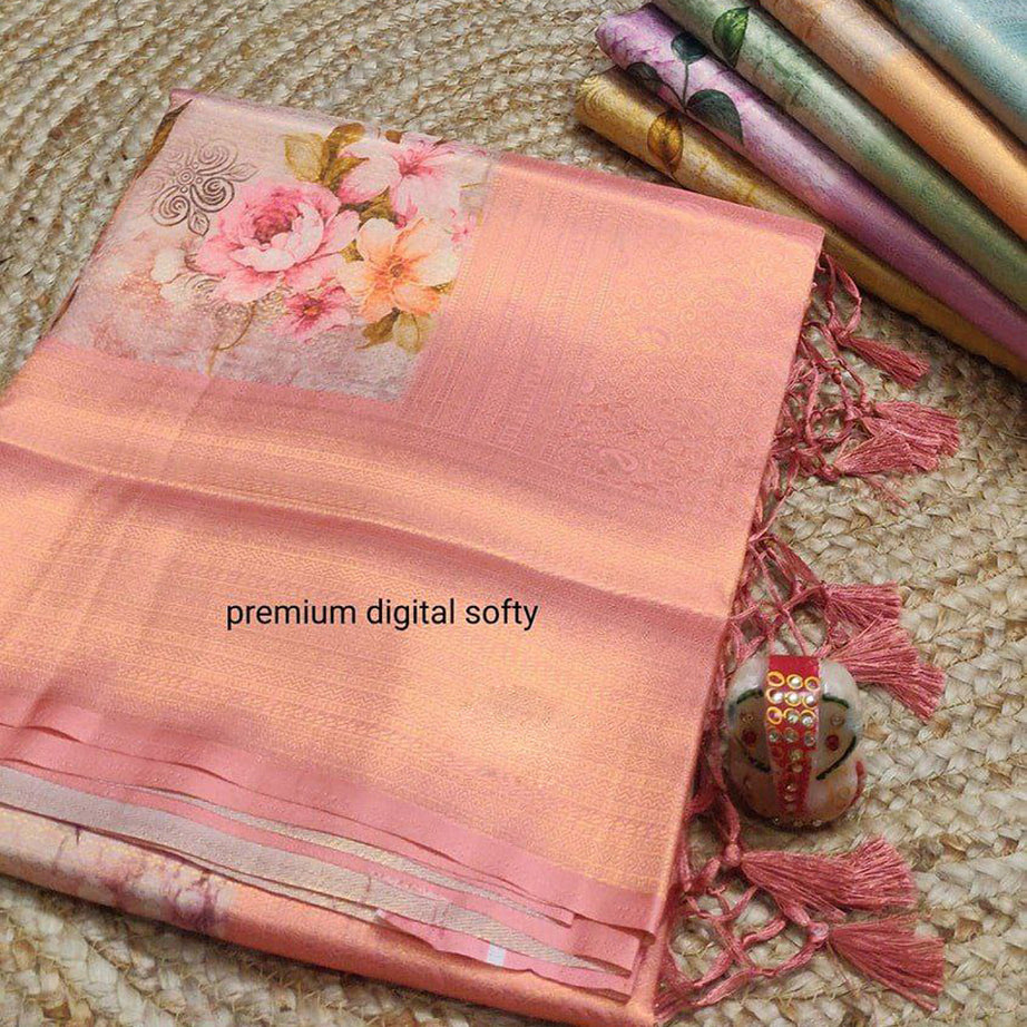 Pink Color Digital Printed Festive Wear Soft Silk Saree