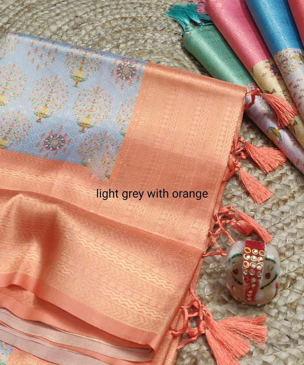 Adorable Light Grey Color Function Wear Soft Silk Digital Printed Design Saree