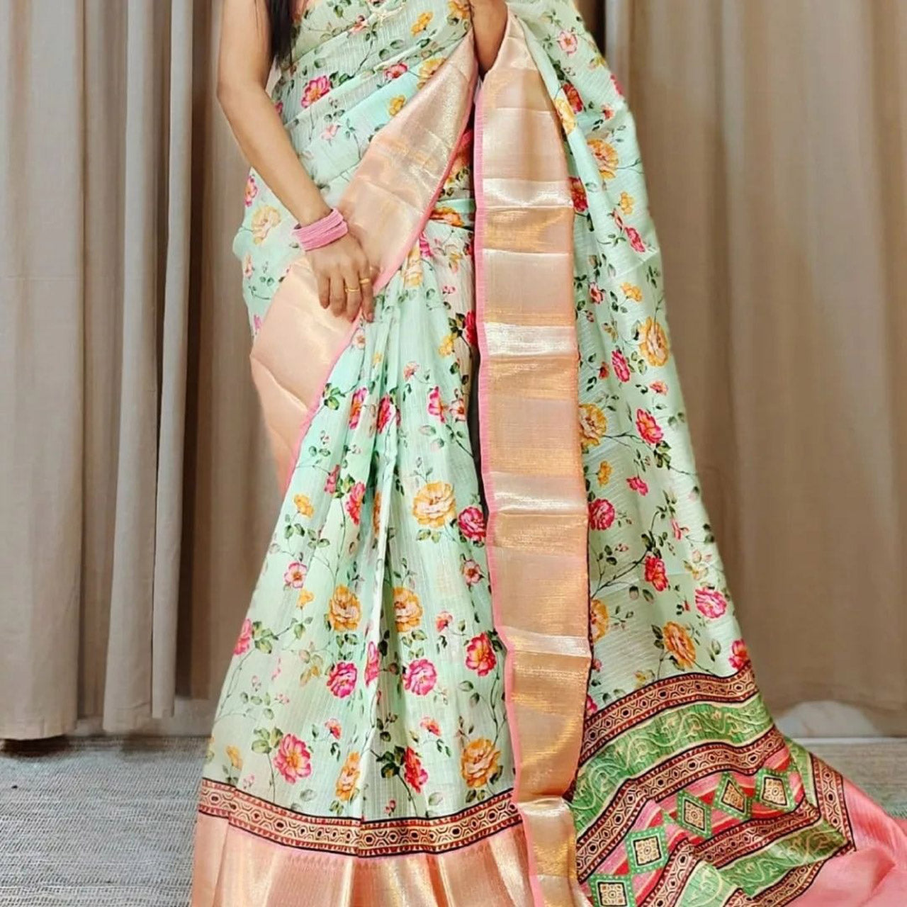 Stylish Sea Green Kota Silk Saree Zari Border And Modern Digital Prints
