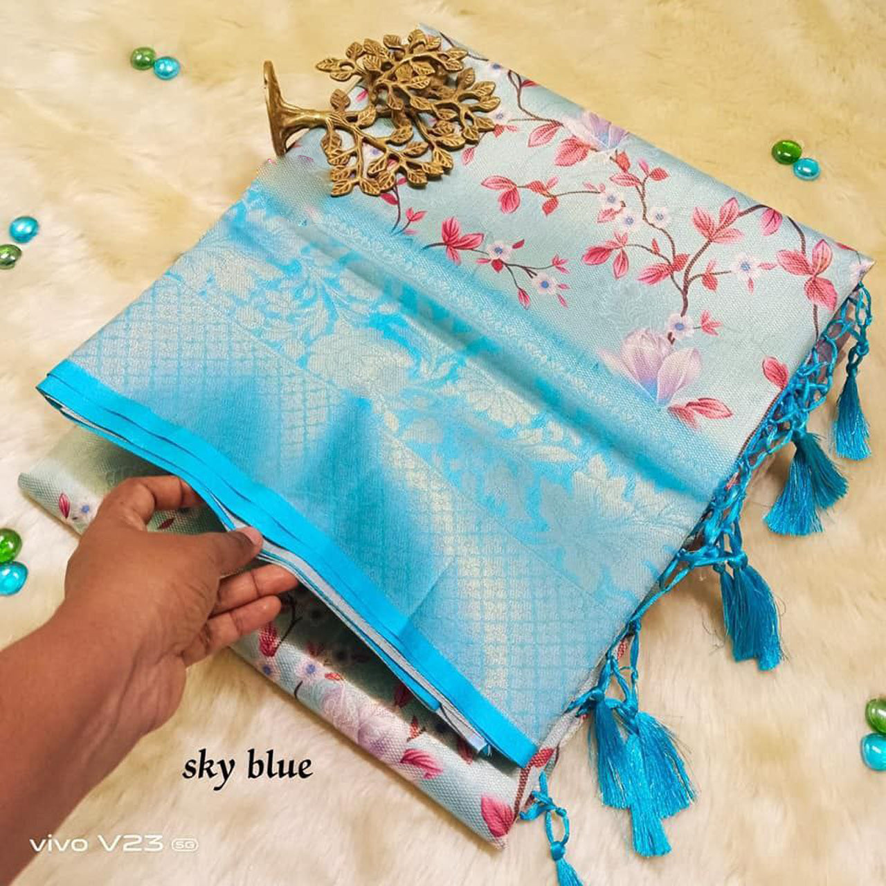 Sky Blue Soft Silk Workwear Saree Digital Printed Elegance Blouse