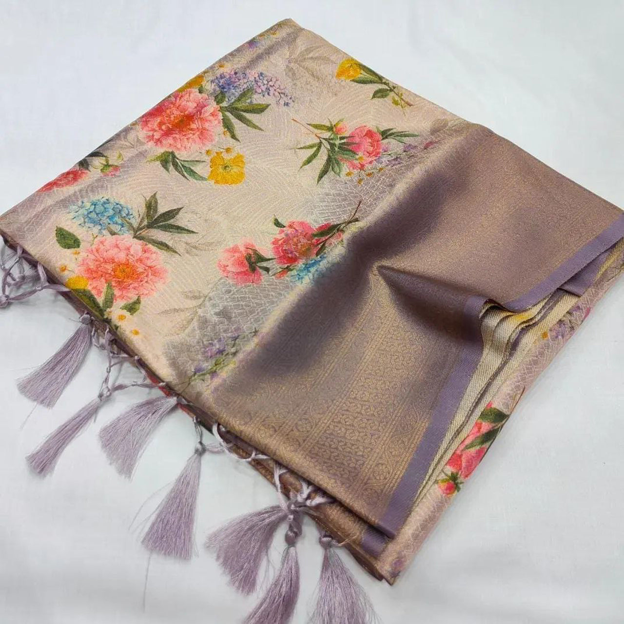 Soft Silk Shine Purple Saree With Digital Prints And Fancy Blouse Touch