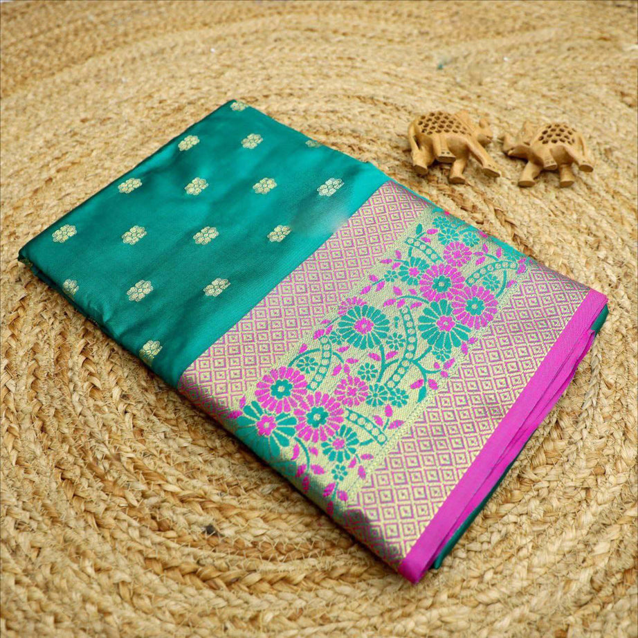 Traditional Korvai Silk Weaving Work Cyan Saree