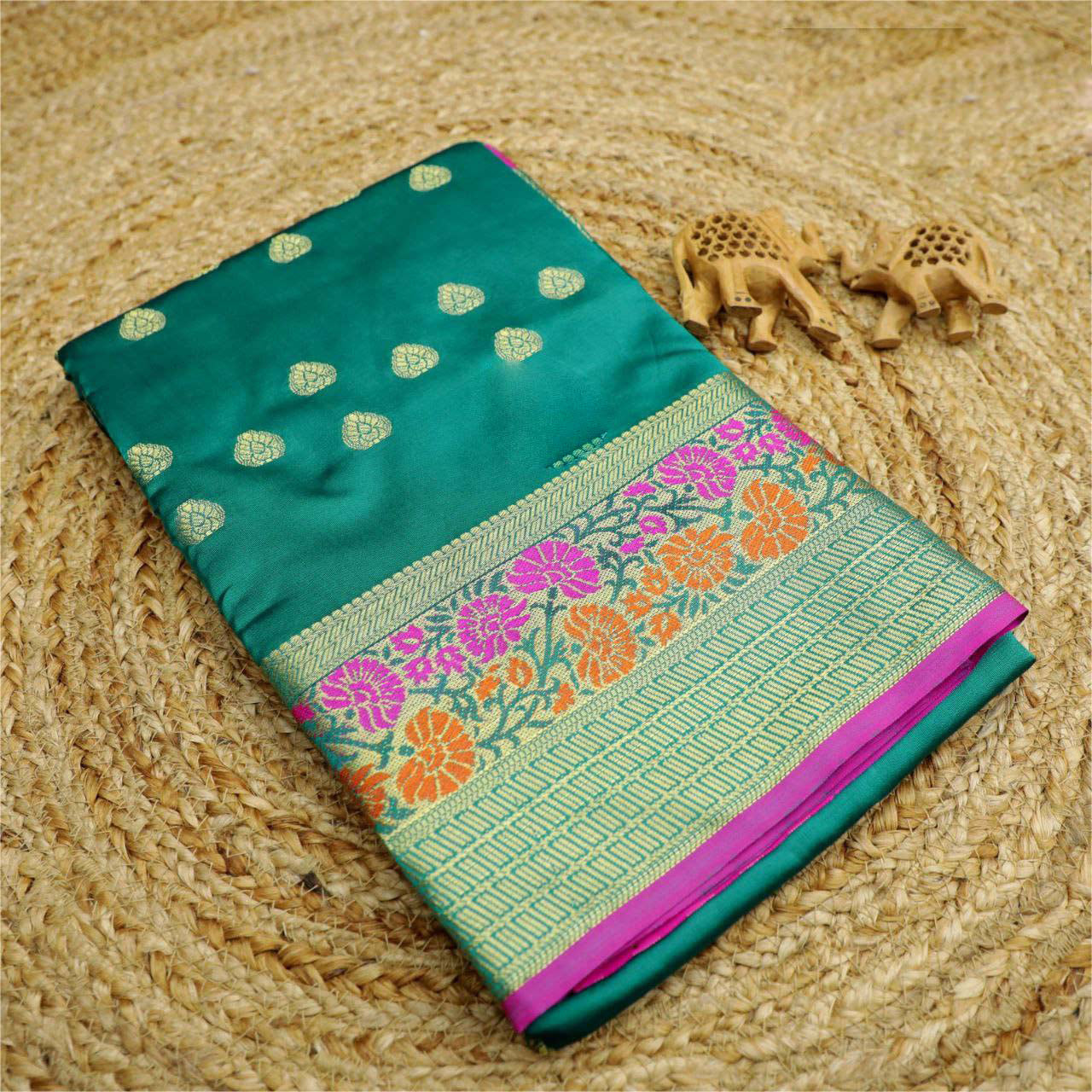 Rich Teal Korvai Silk Saree Handwoven Designer Weaving For Party And Festive Look