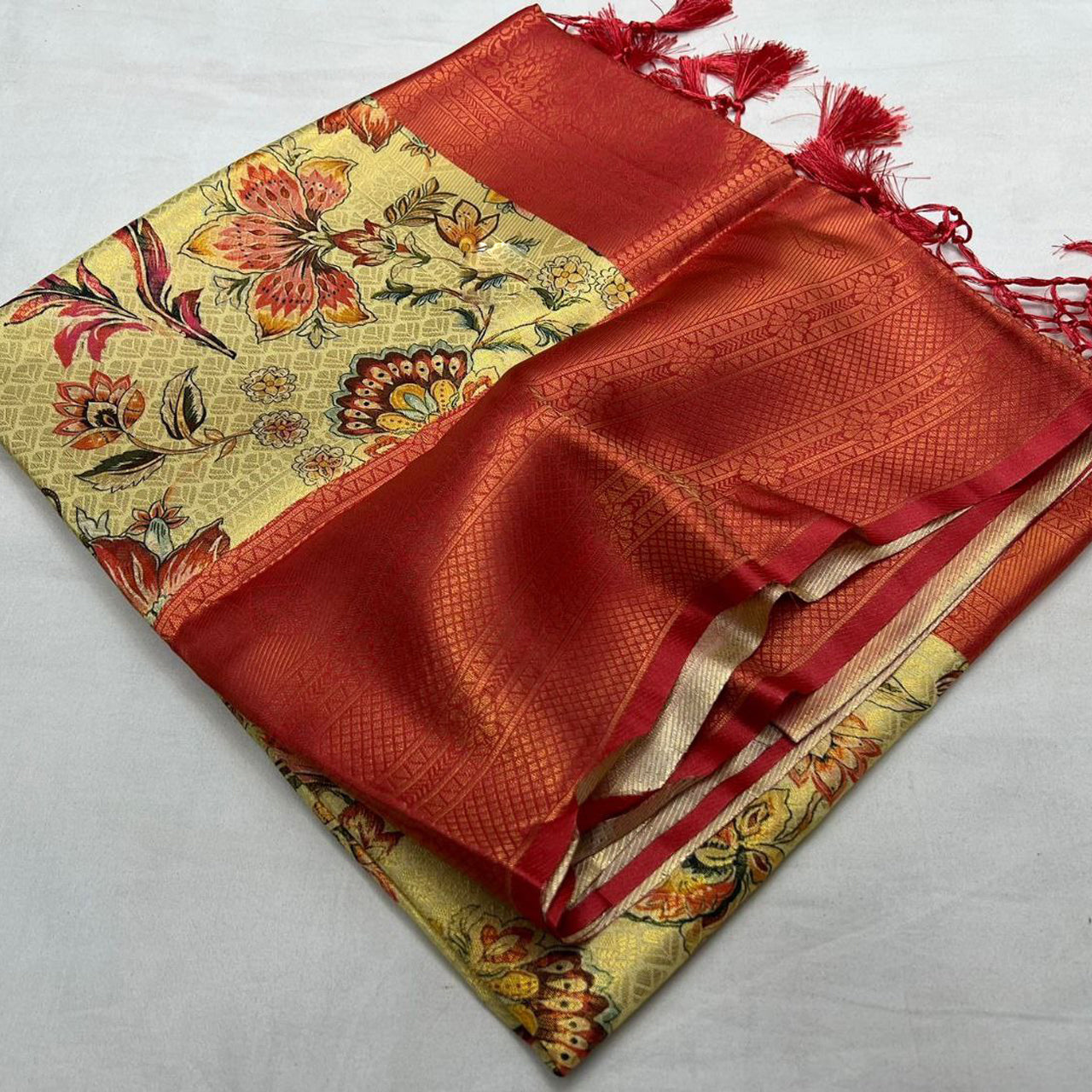 Work To Party Look Beige Digital Print Silk Saree Fancy Blouse