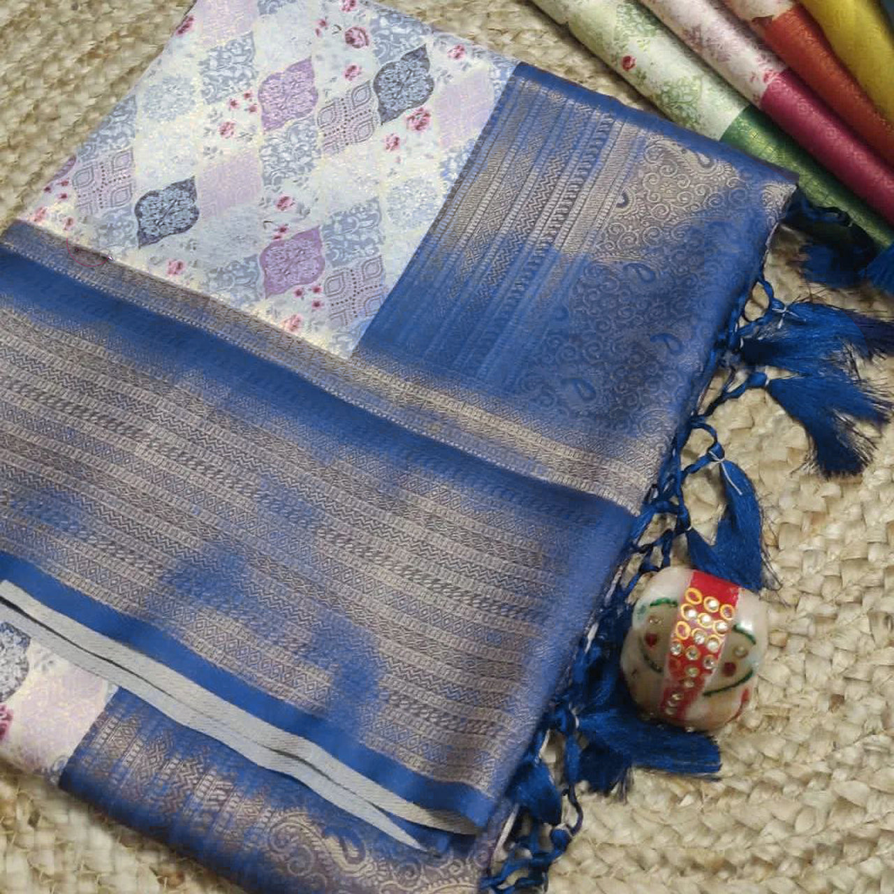 Modern Blue Digital Print Saree Soft Silk Fabric Embellished Blouse