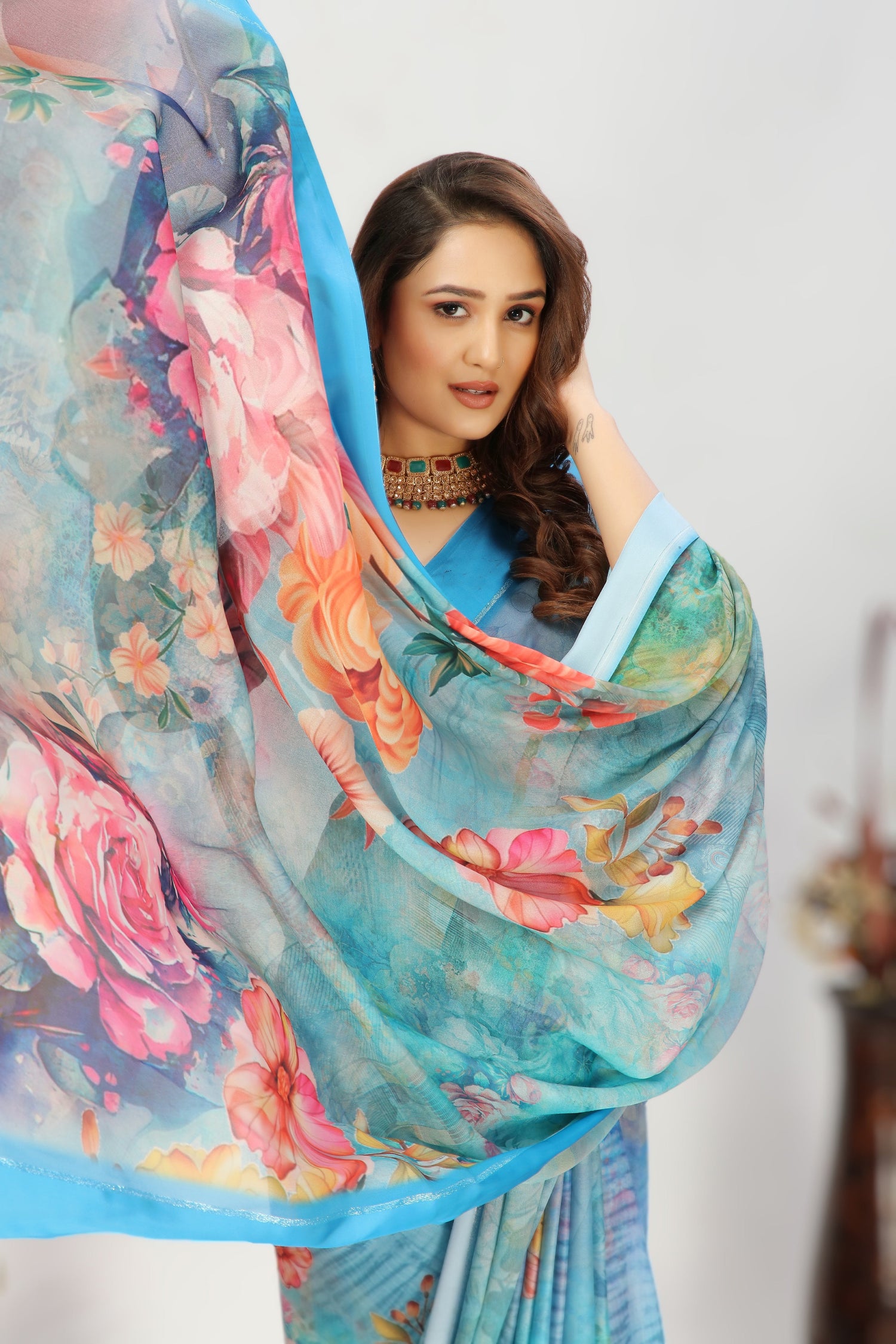 Sky Blue Radiance Printed Viscose Georgette Silks Saree