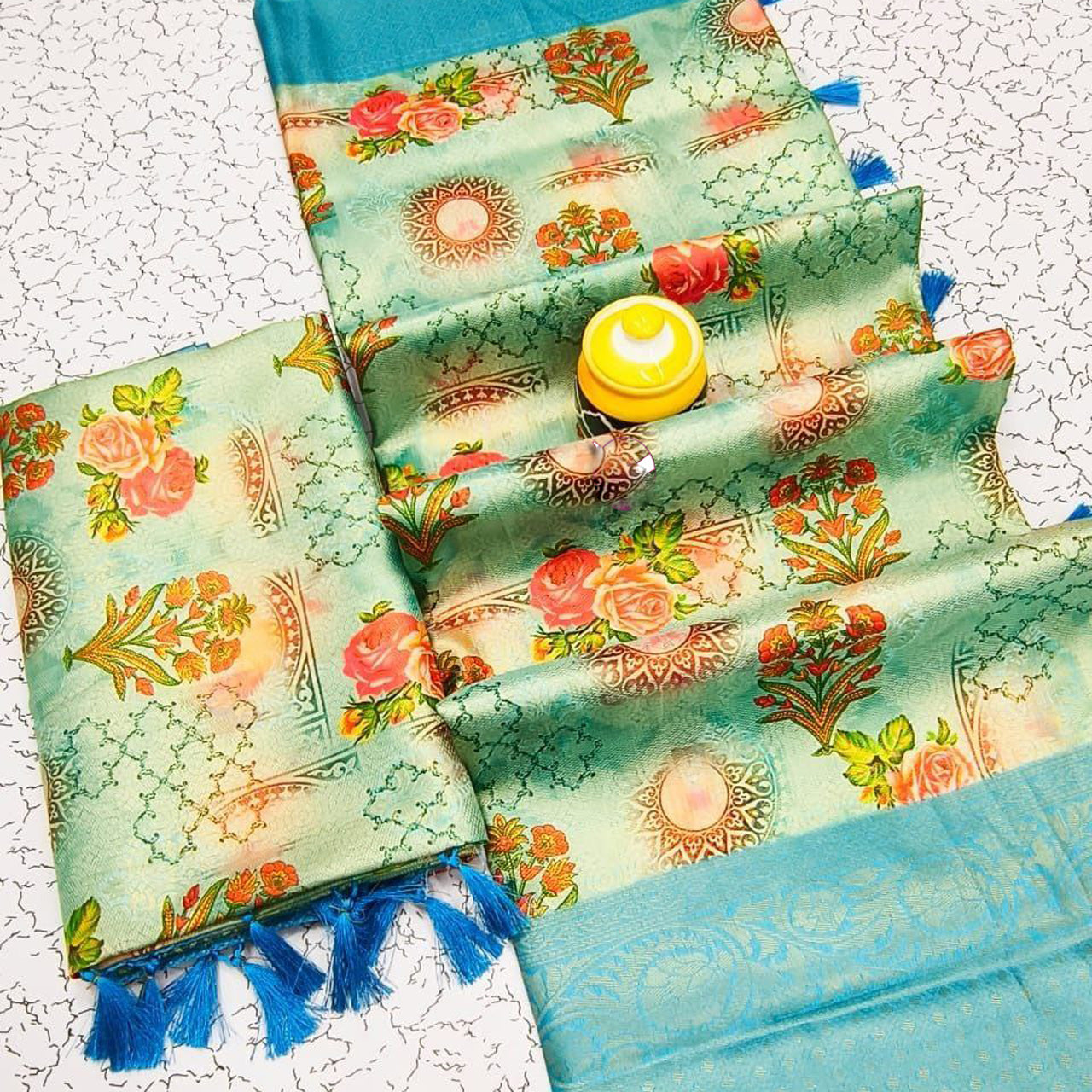 Silk Beauty Saree Sea Green Digital Printed Designer Fancy Blouse