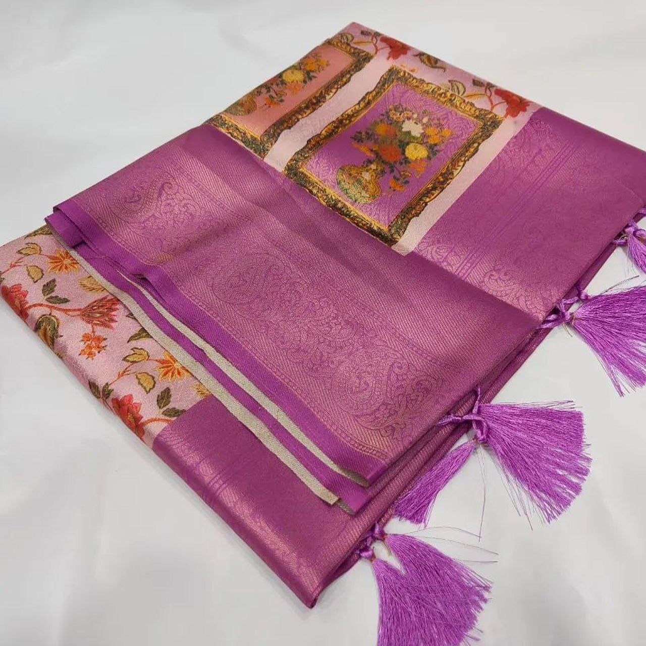 Lavender Printed Silk Saree Versatile Fancy Blouse For Daily Glam