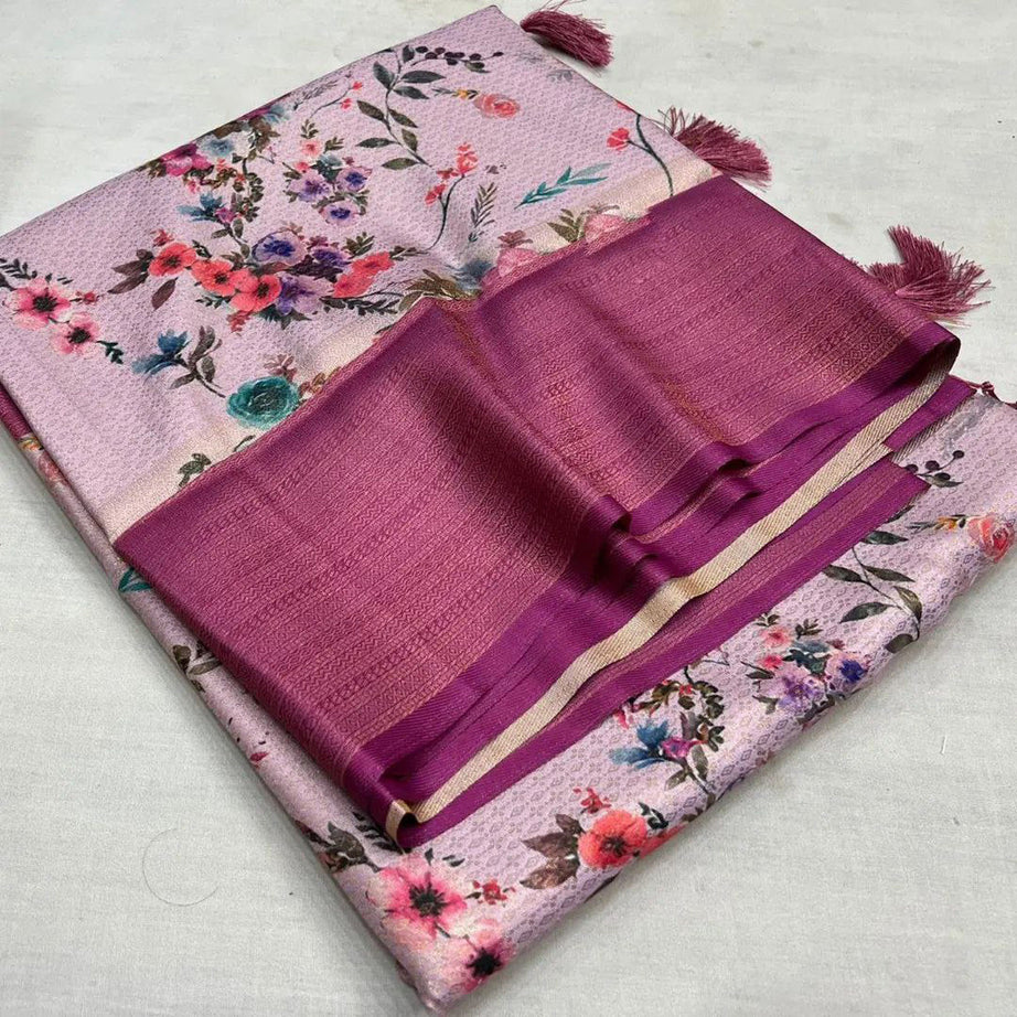 Soft Silk Fabric Party Style Luxurious Digital Printed Saree In Lavender Color