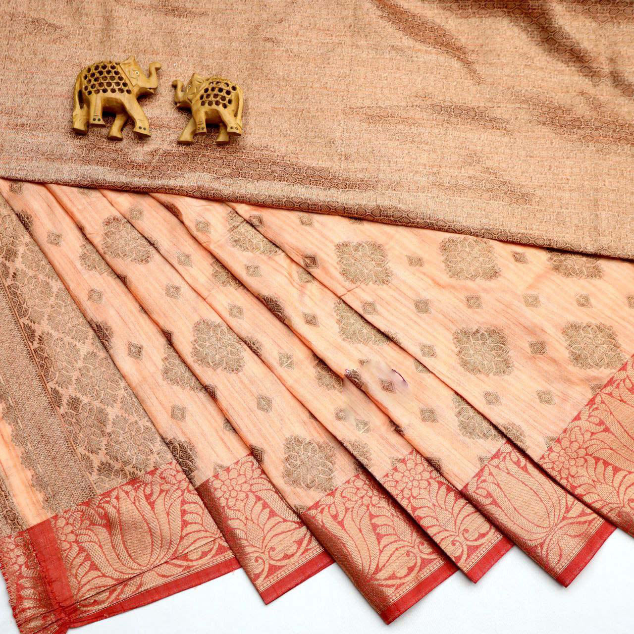 Luxury Peach Korvai Silk Saree Set Bridal Wear With Designer Blouse