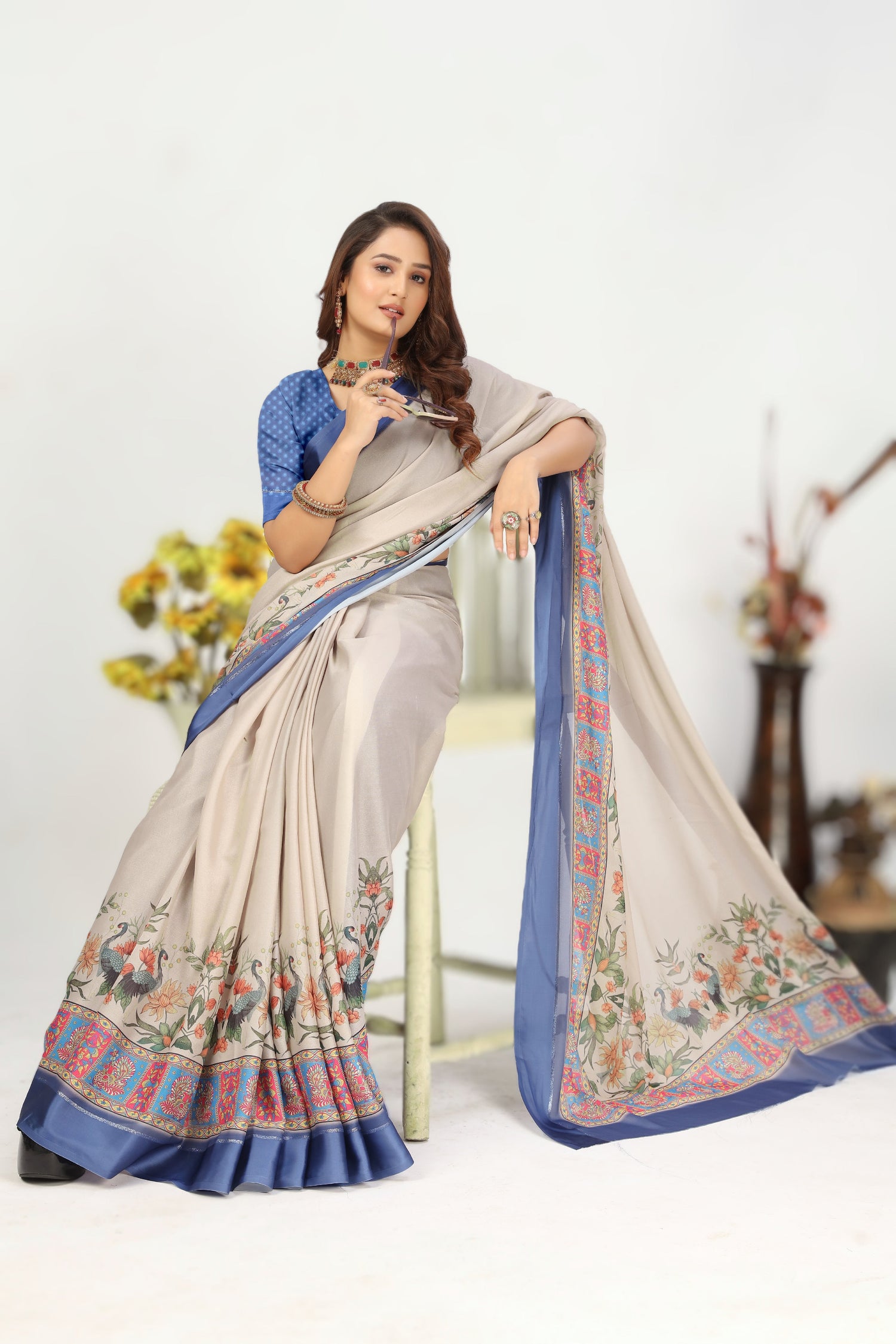 Beige Printed Art Silk Function Saree With Blouse