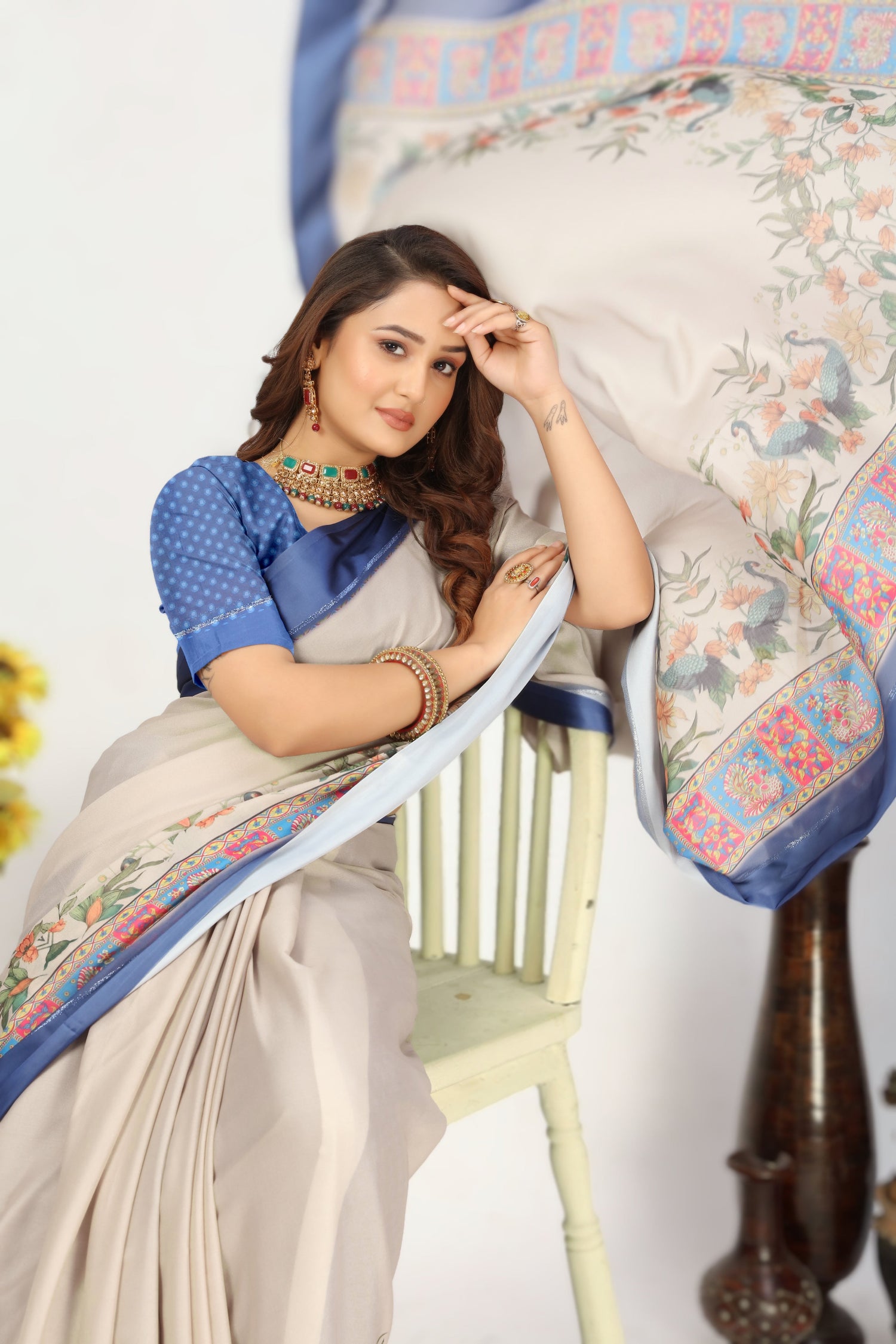 Beige Printed Art Silk Function Saree With Blouse