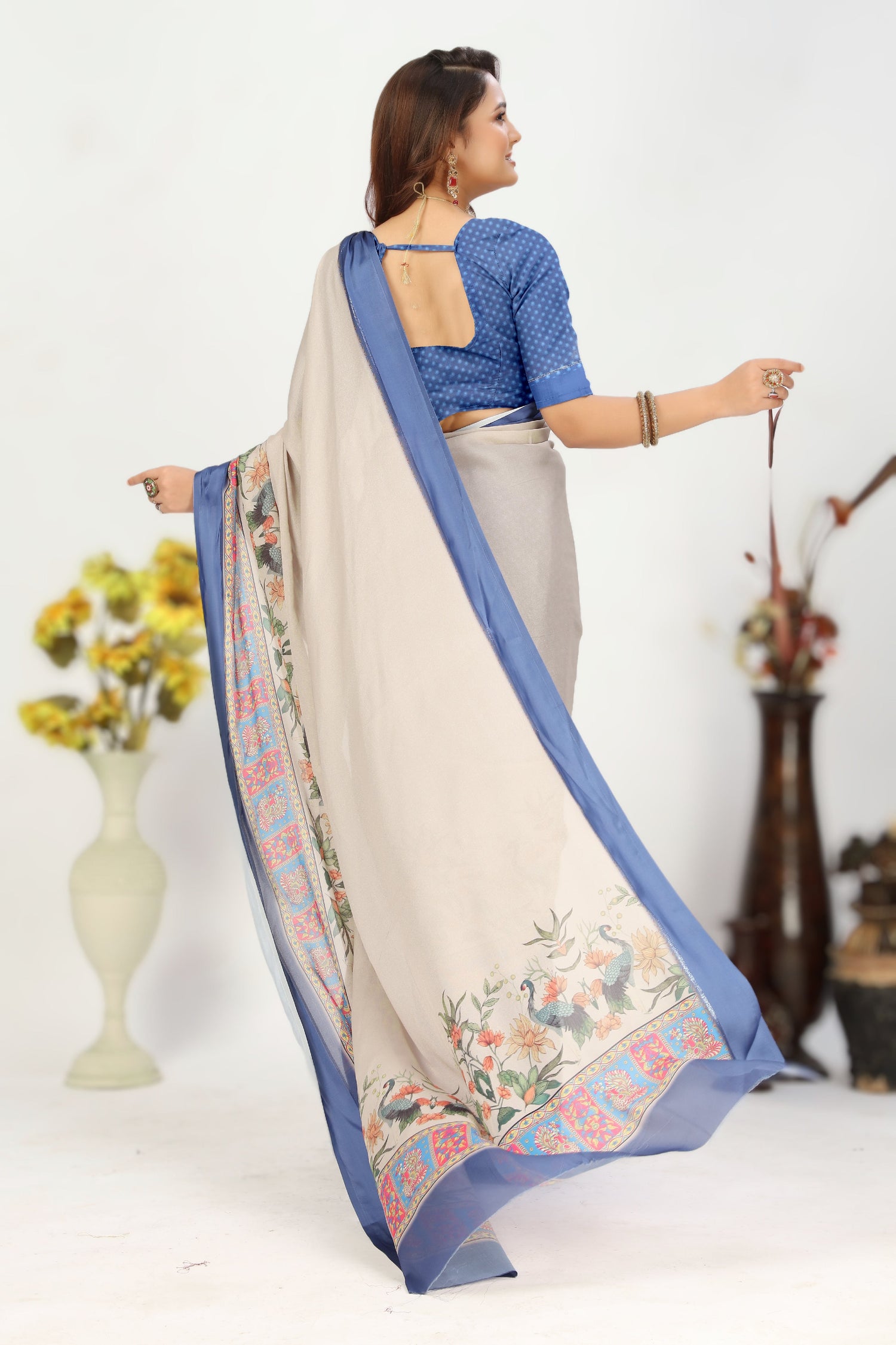 Beige Printed Art Silk Function Saree With Blouse
