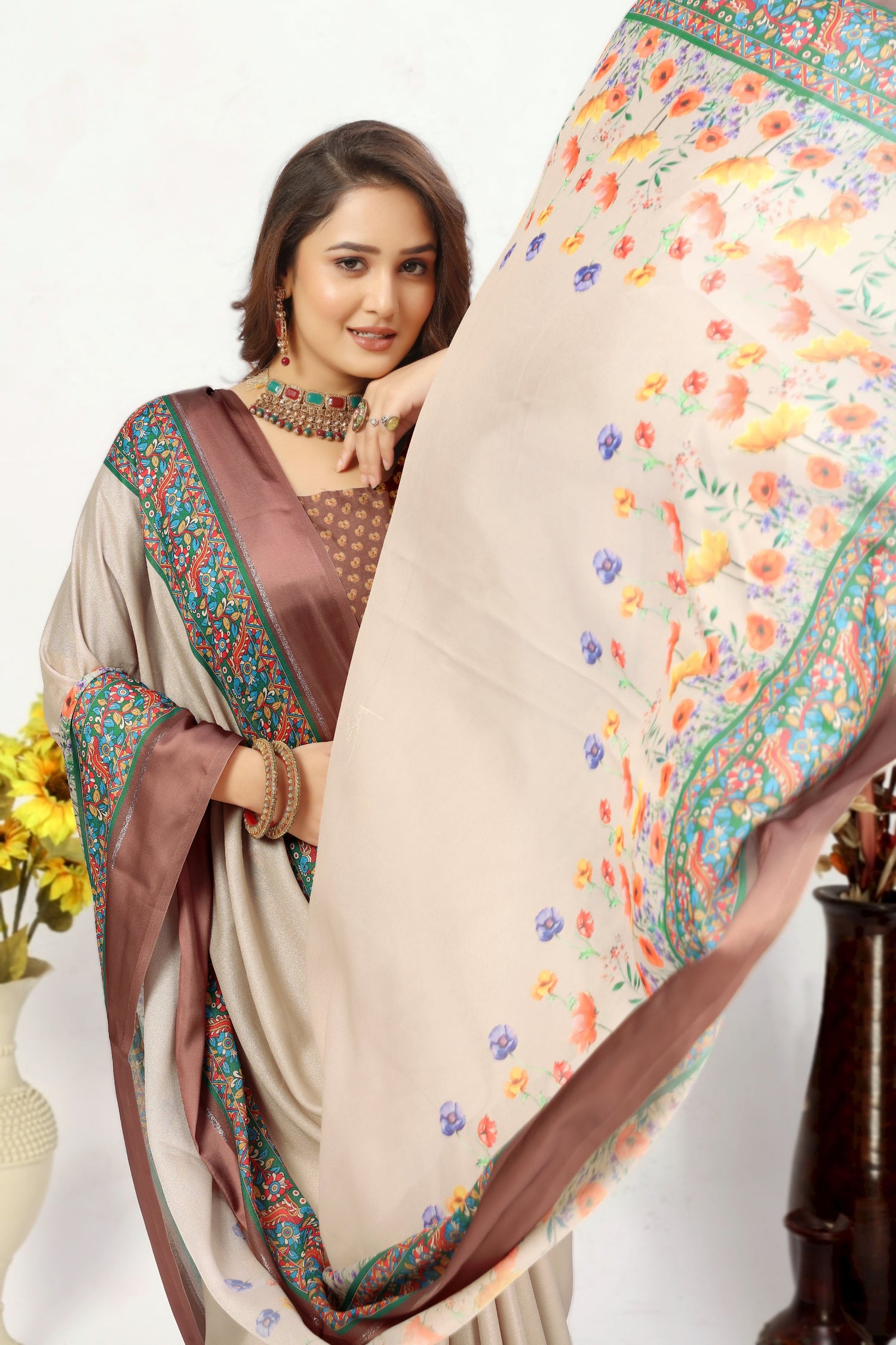 Radiant Cream Printed Art Silk Classic Saree