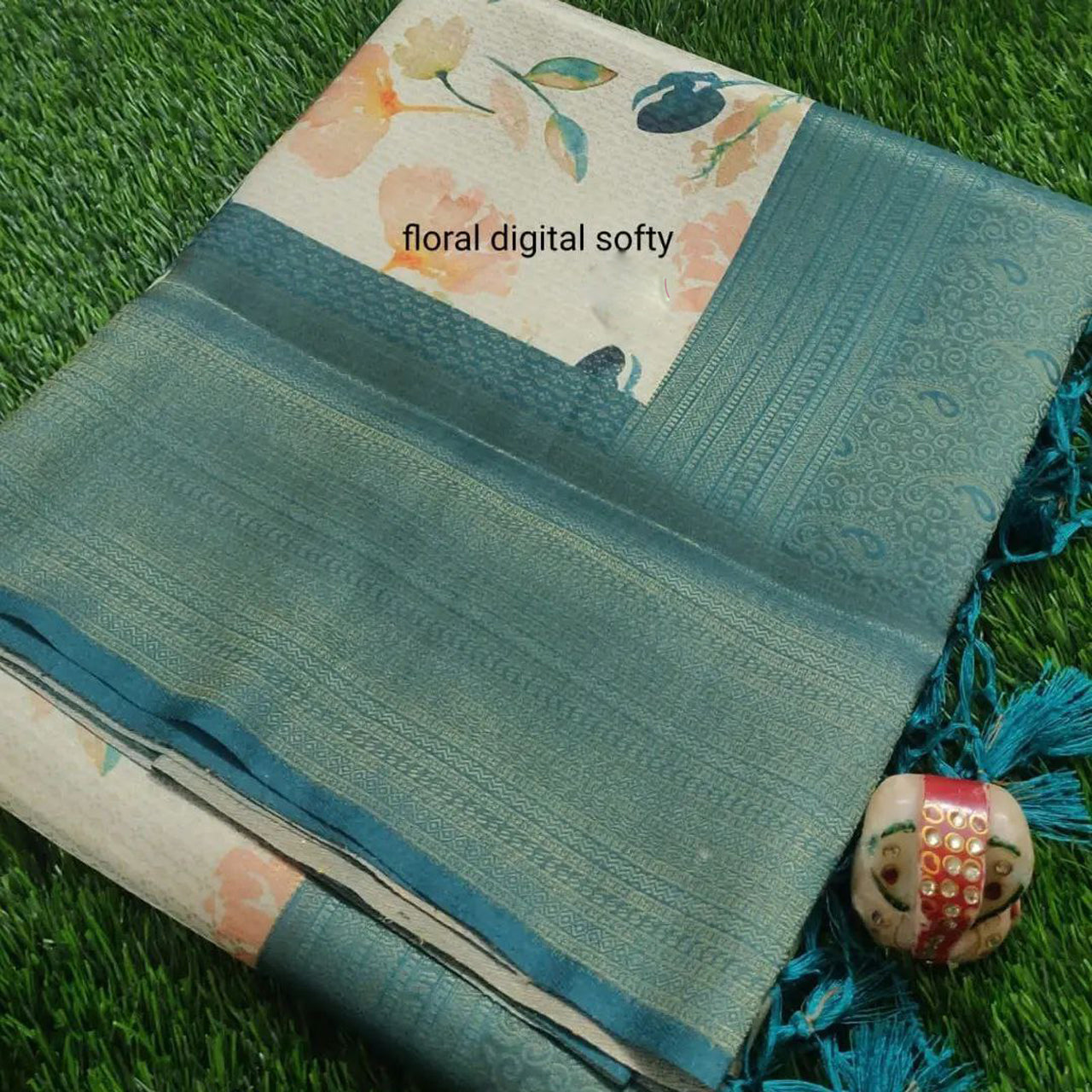 Elegant Office Wear Beige Silk Digital Saree With Fancy Blouse Accent