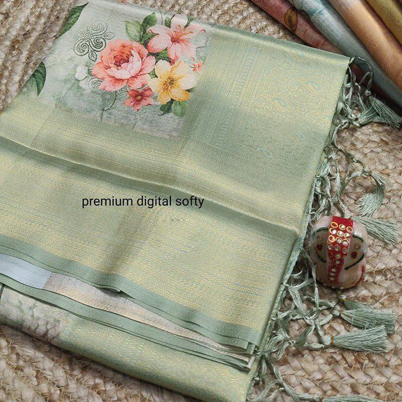 Everyday Glam Saree Sea Green Digital Print On Soft Silk With Trendy Blouse