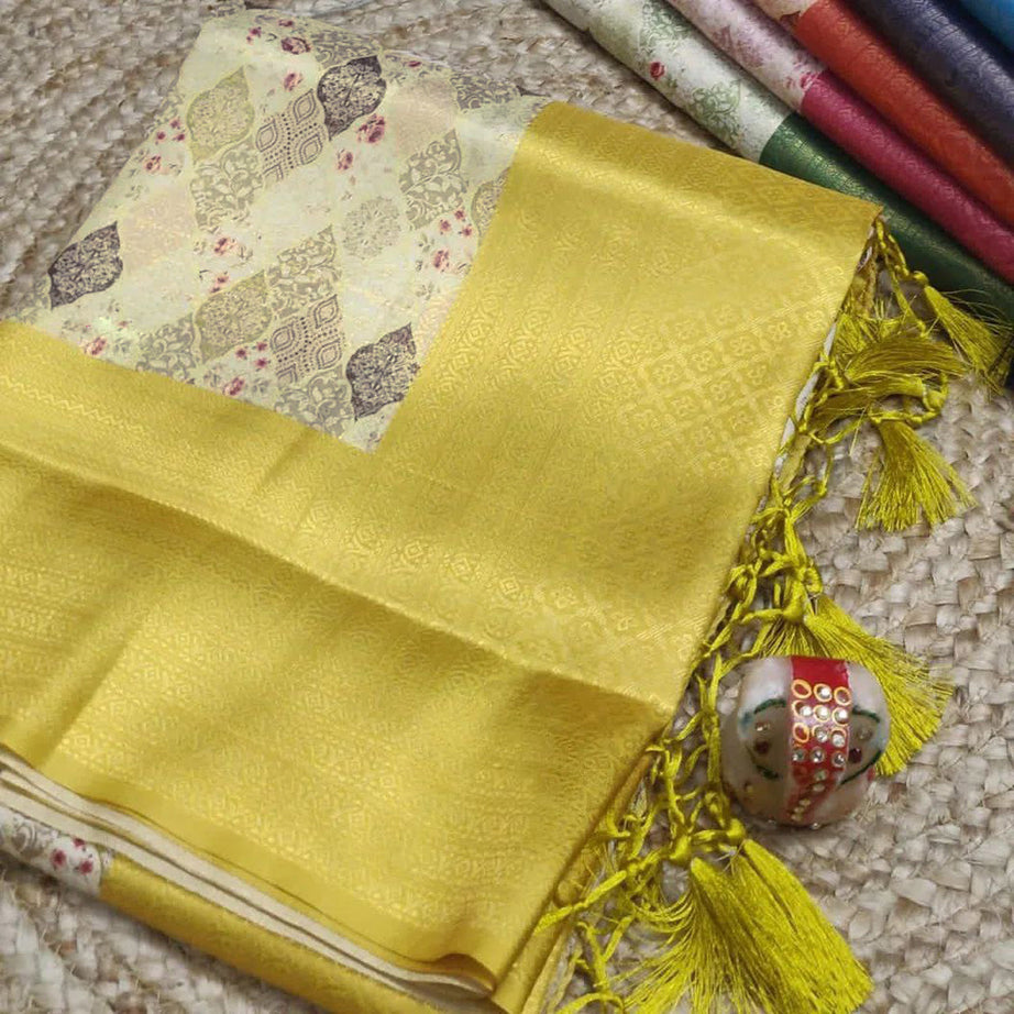 Soft Silk Digital Printed Saree In Yellow Color