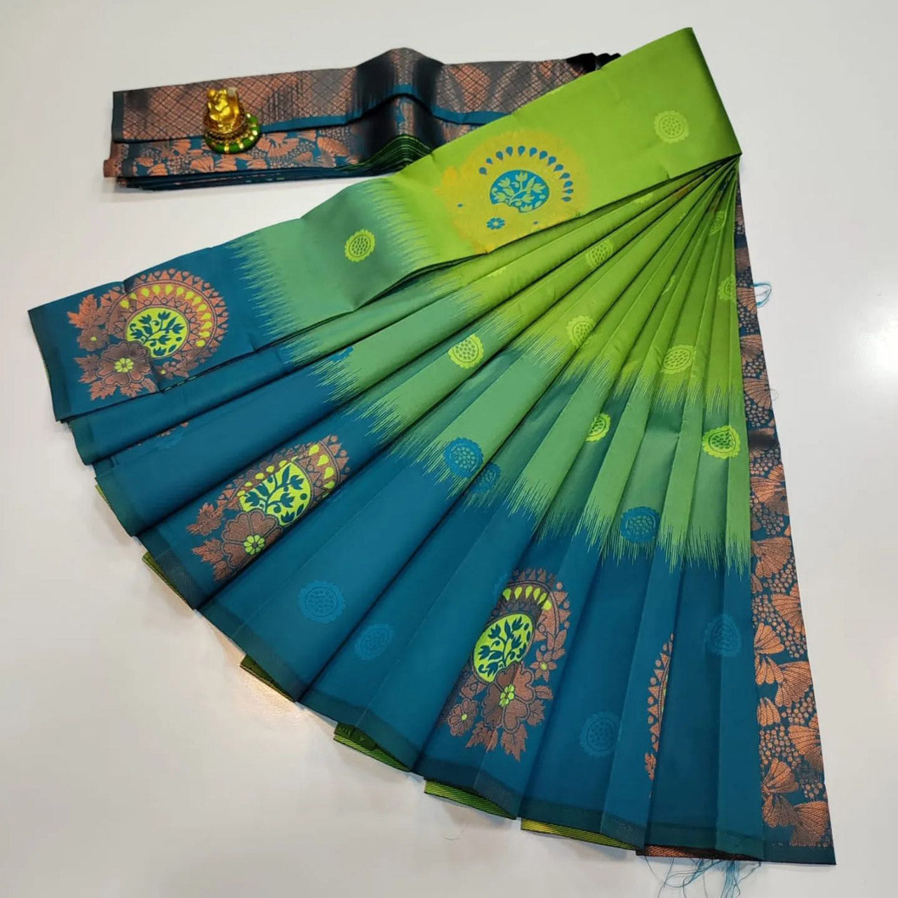 South Charm Silk Saree Green Designer Kubera Pattu With 3D Detailing