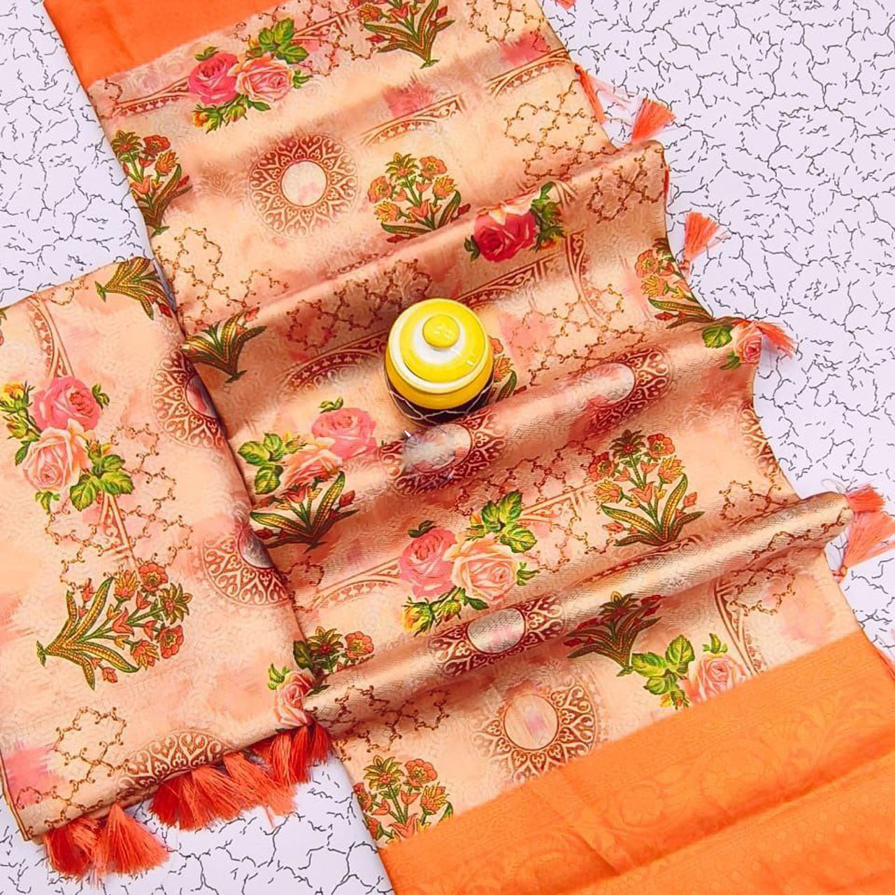 Digital Delight Peach Soft Silk Casual Saree With Glam Blouse