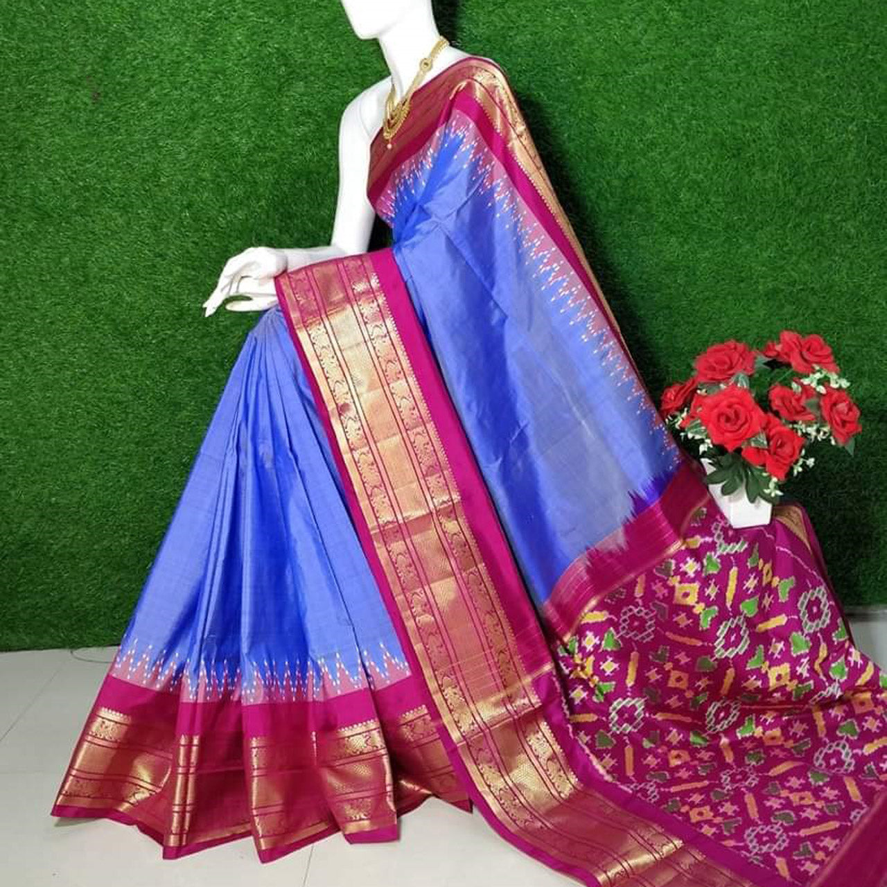 Classic Blue Silk Patola Saree Plain Design With Kanchi Style Zari Border
