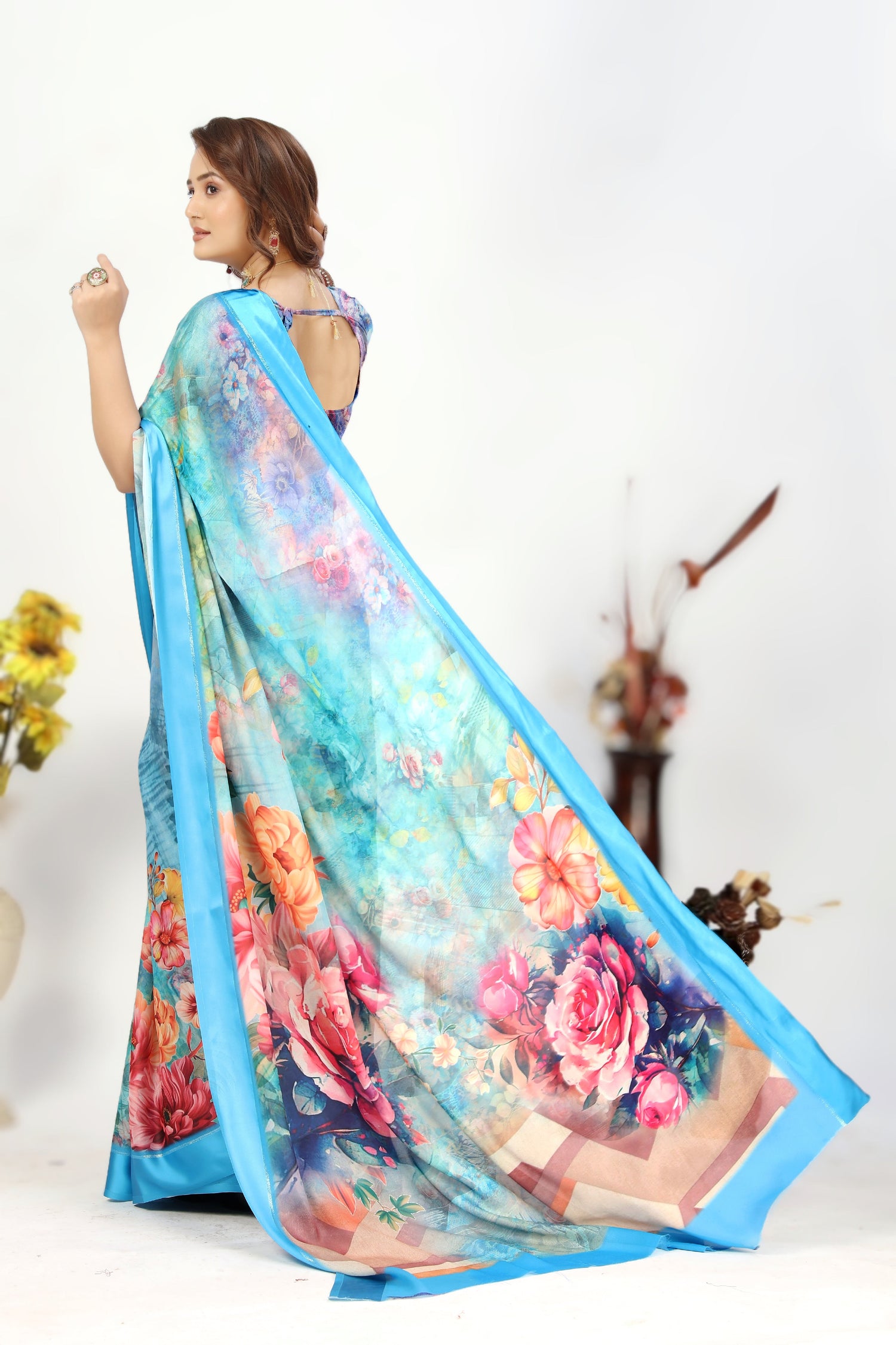Sky Blue Radiance Printed Viscose Georgette Silks Saree