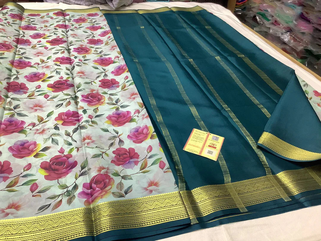 Elegant Party Wear Mysore Silk Saree With Printed Design And Zari Highlights