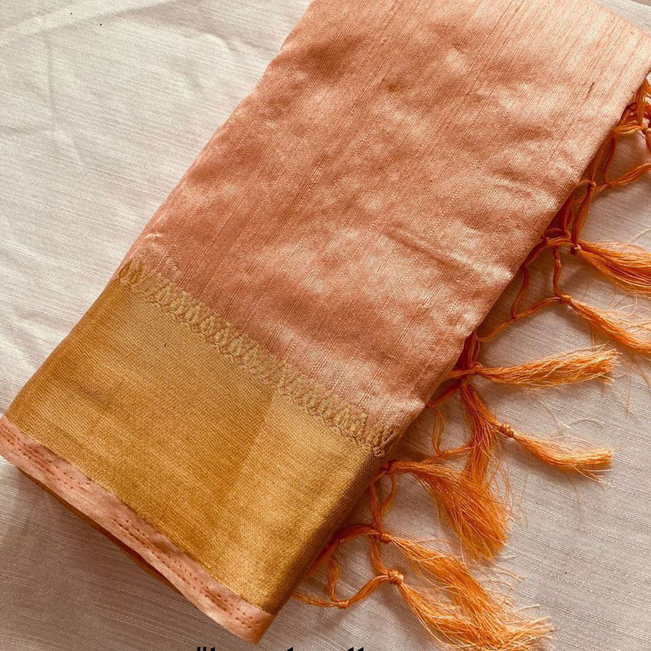 ❀﹒Peach Handloom Silk Plain Saree❀﹒