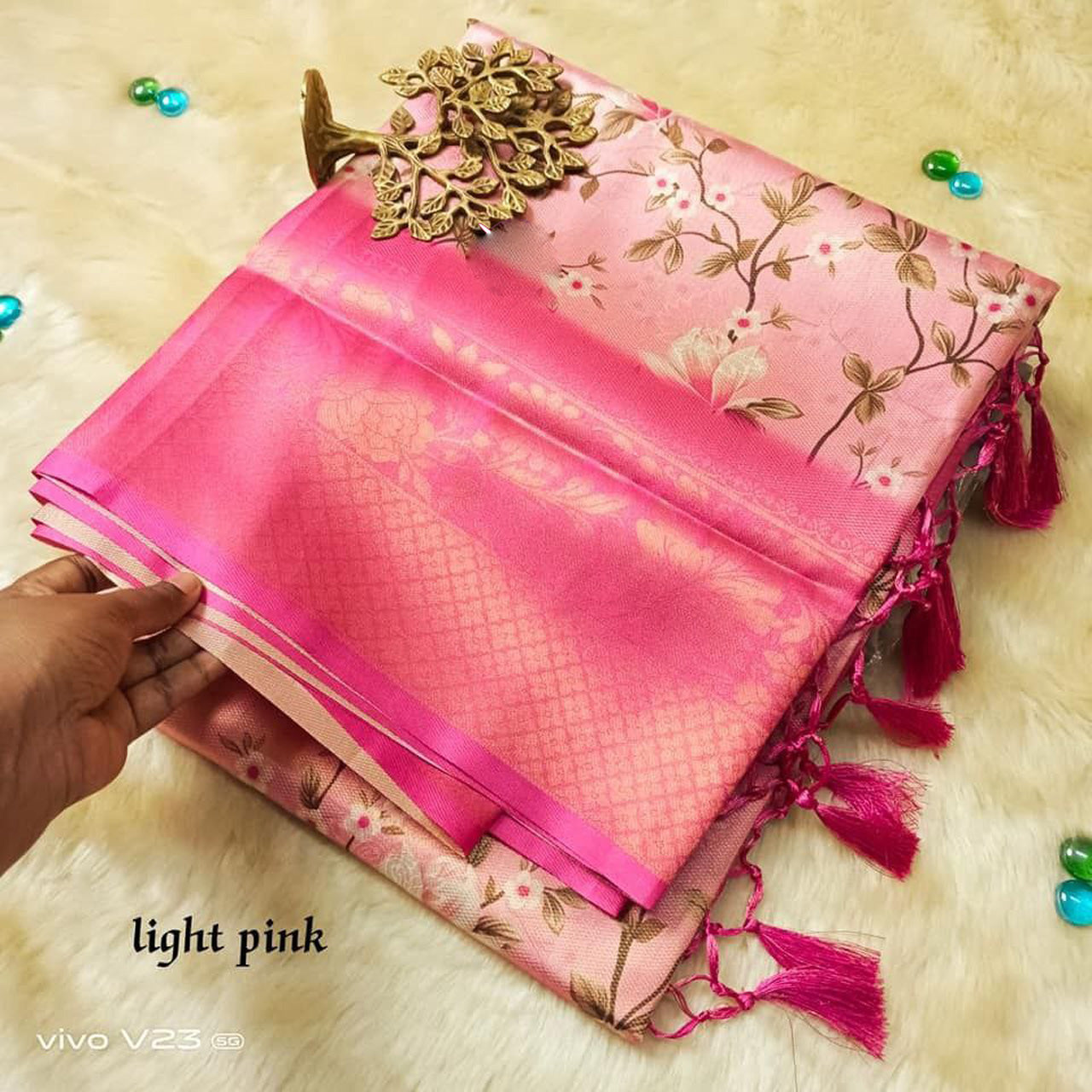 Chic Light Pink Digital Print Soft Silk Saree With Fancy Blouse Design