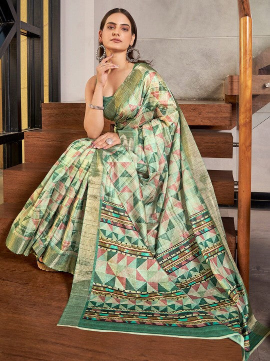 Festive Wear Art Silk Saree Green Handloom Pattu With Designer Prints