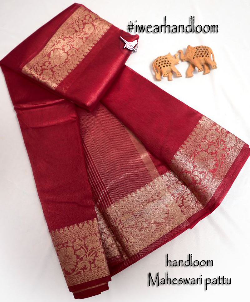 Designer Red Maheshwari Saree In Soft Pattu Silk With Golden Zari Border