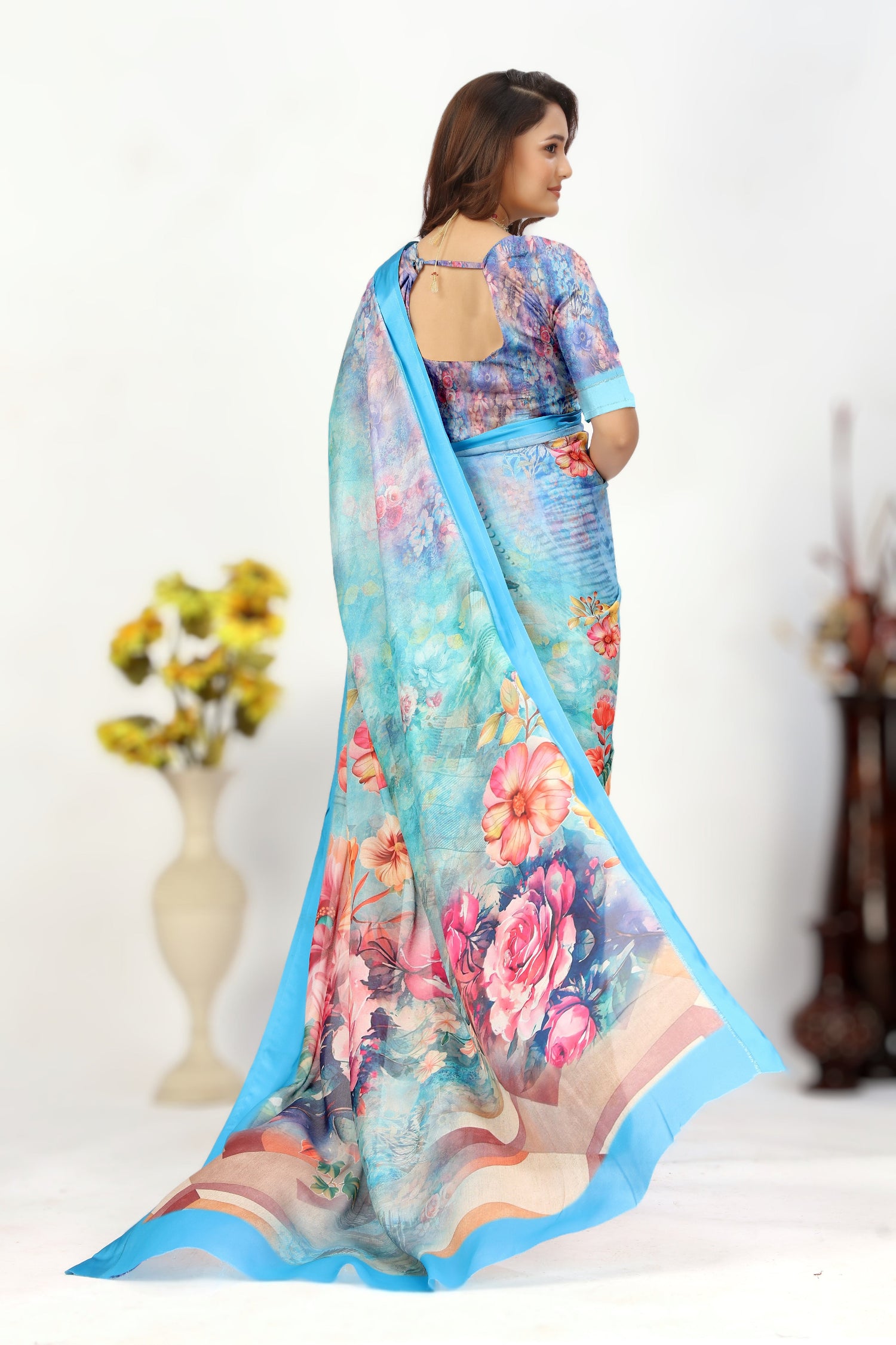 Sky Blue Printed Traditional Saree