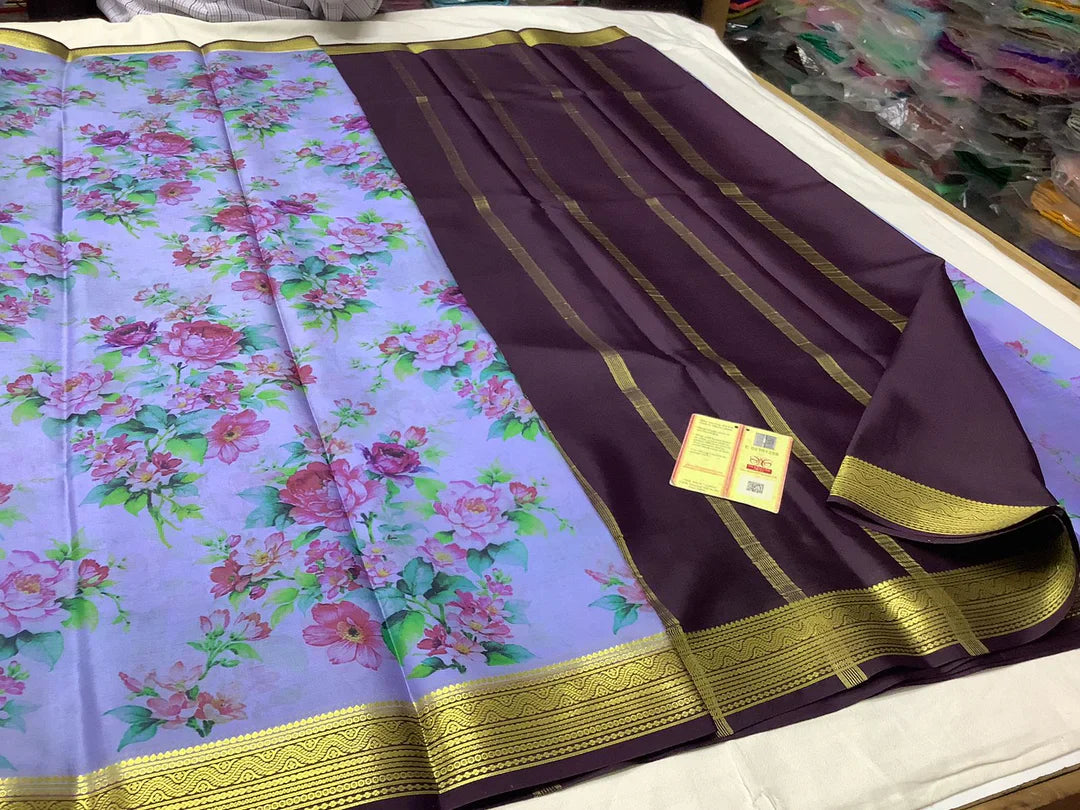 Fine Quality Crepe Silk Saree From Mysore With Artistic Digital Print And Zari Border