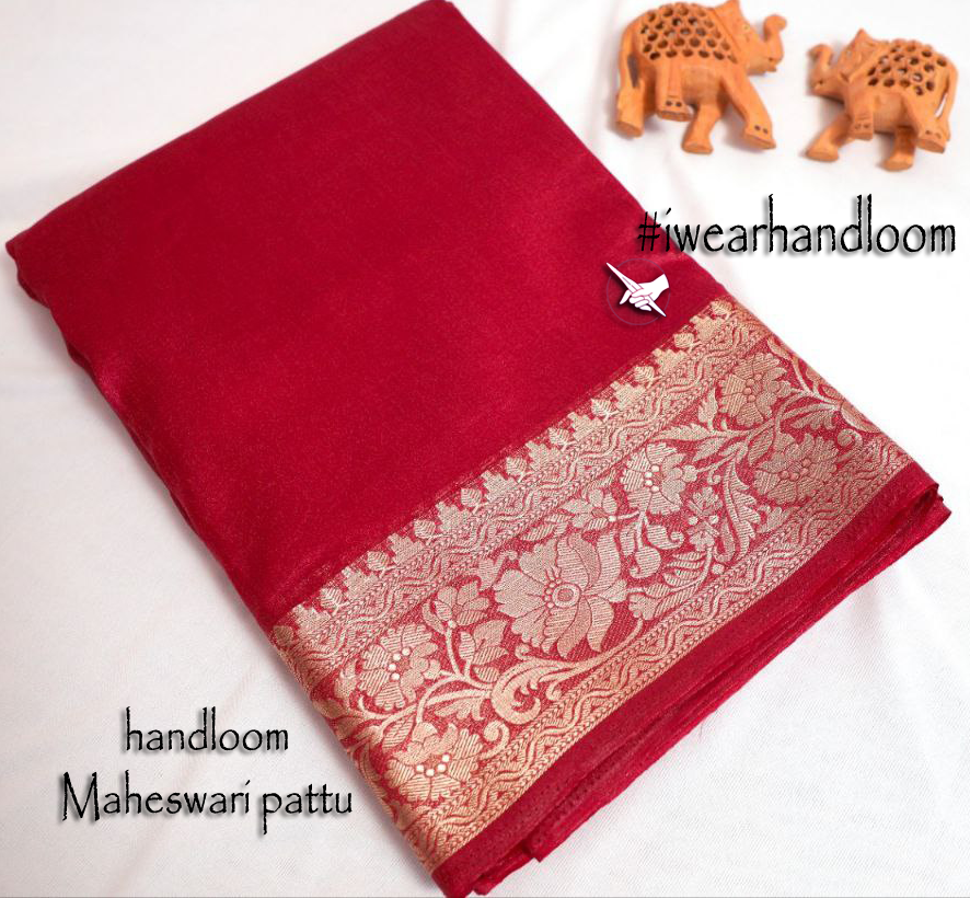 Designer Red Maheshwari Saree In Soft Pattu Silk With Golden Zari Border