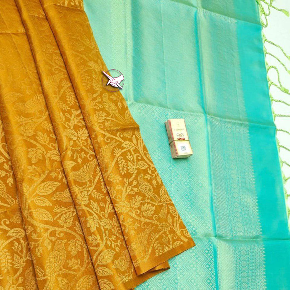 Mustard Kanchipuram Silk Zari Weaving Work Designer Saree